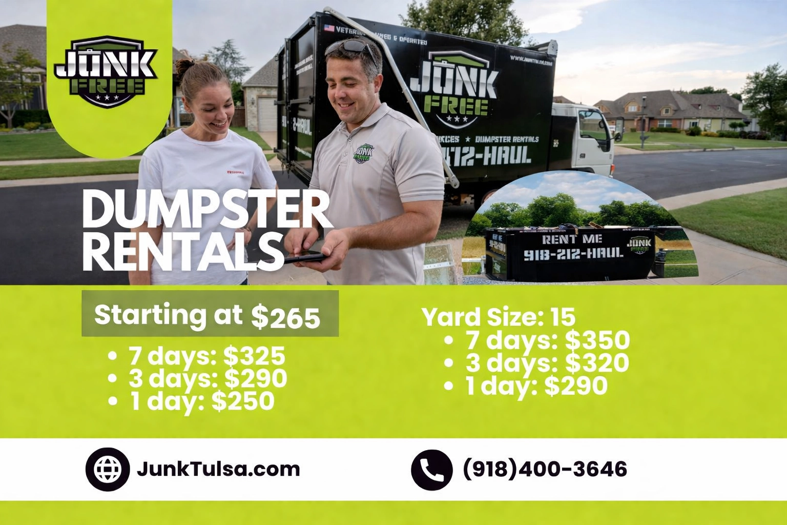 Junk Free LLC dumpster rental rates and options with clear, transparent pricing—starting at $265.