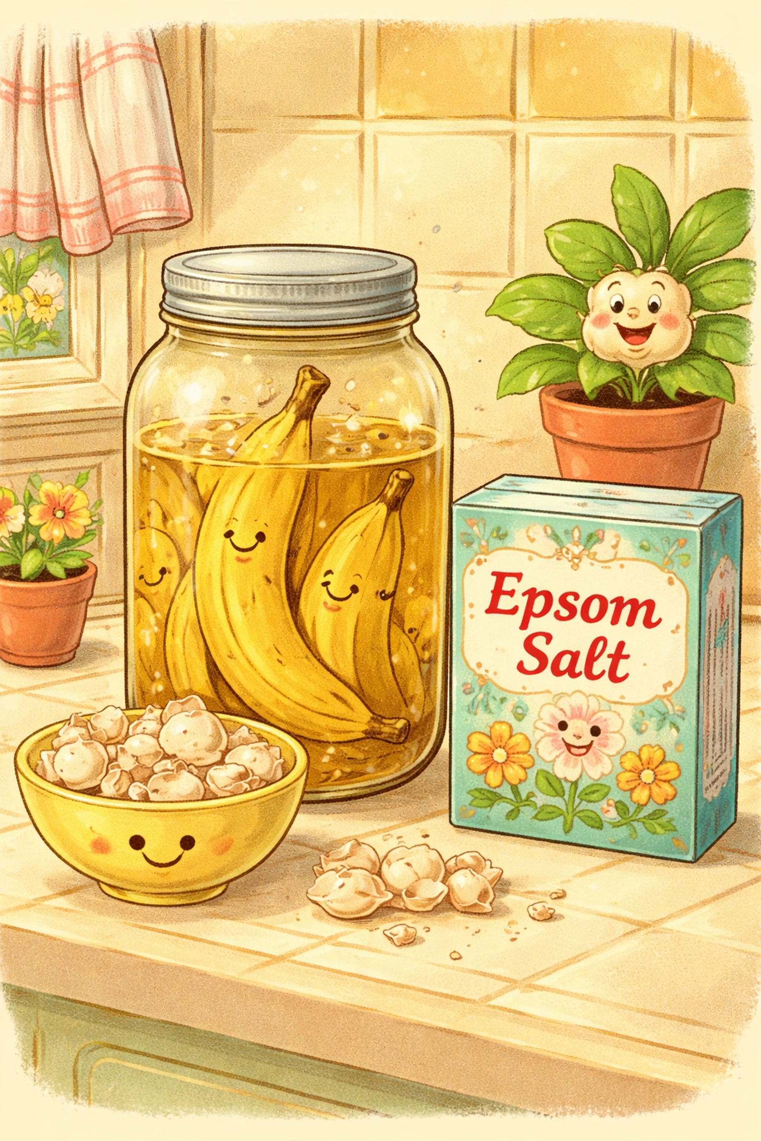 Cartoon kitchen counter featuring banana peels in a jar, eggshells, and Epsom salt as household nutrients for hydroponics.