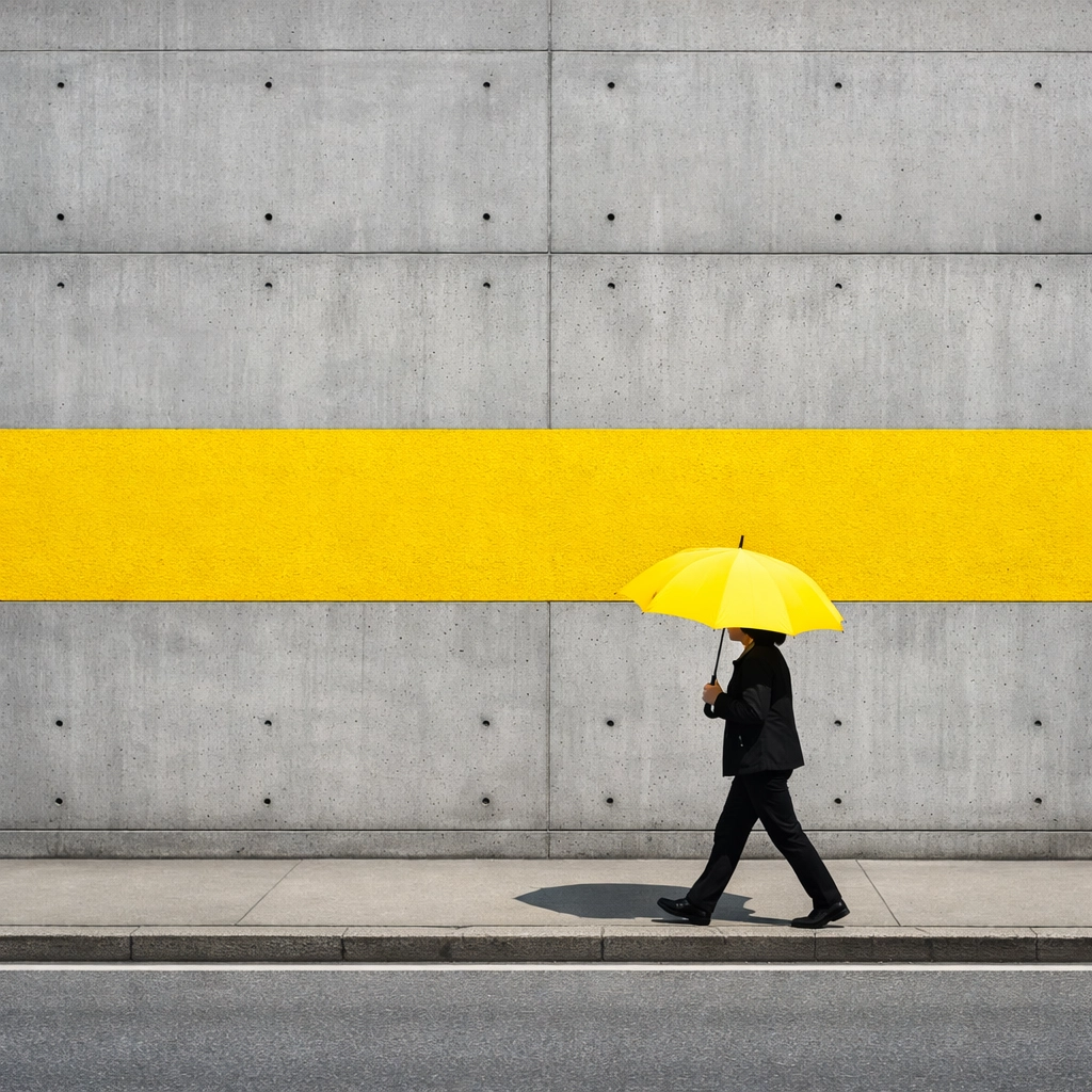 Minimalist street photography ideas showcasing a yellow umbrella against urban architecture.