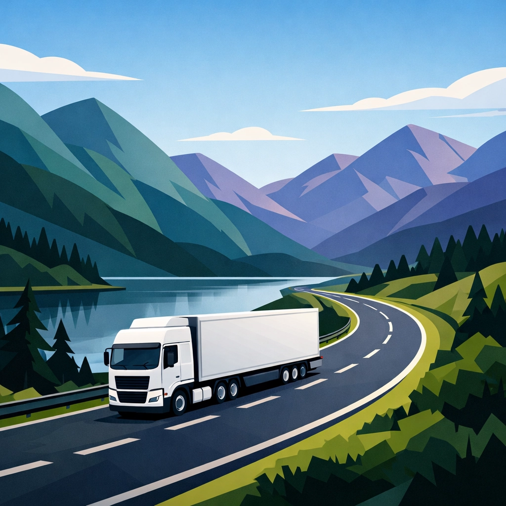 HGV truck traveling through the scenic North West landscape on a delivery route.