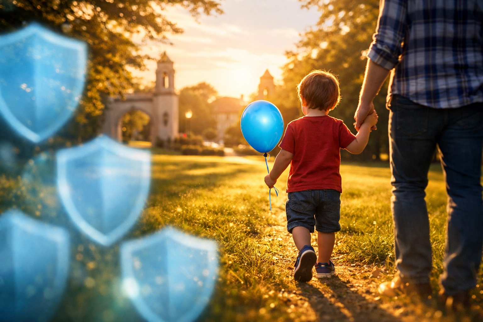 Child and parent walking in a Bloomington park representing privacy protection in family law cases.