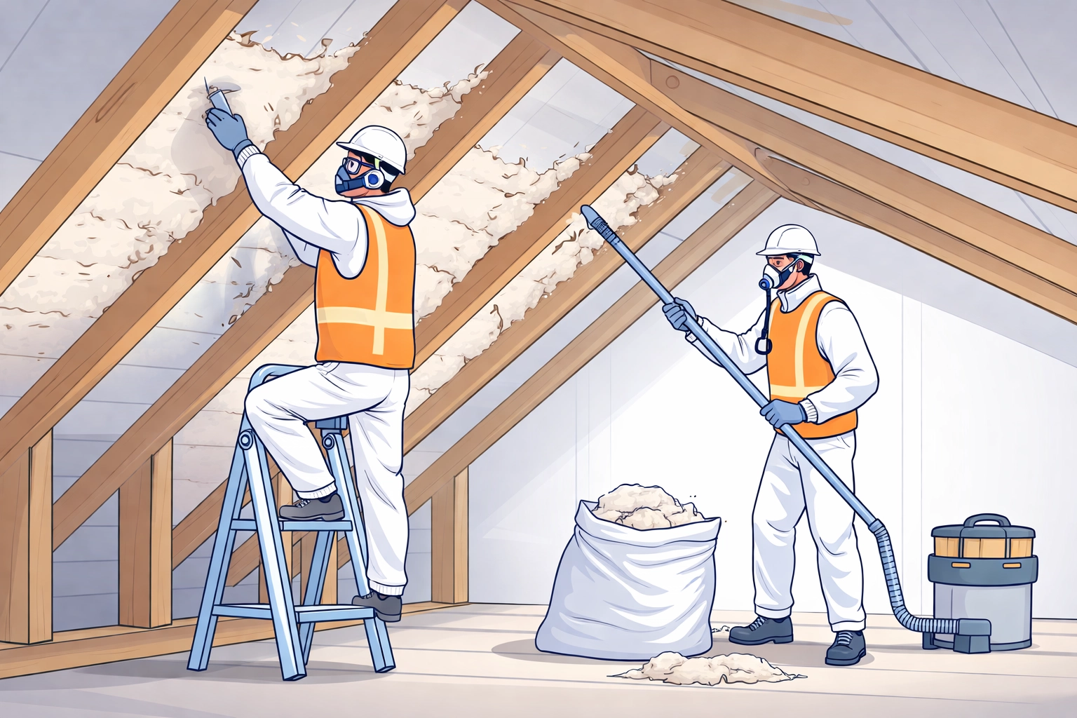 Workers safely removing spray foam insulation from loft rafters to restore mortgage eligibility