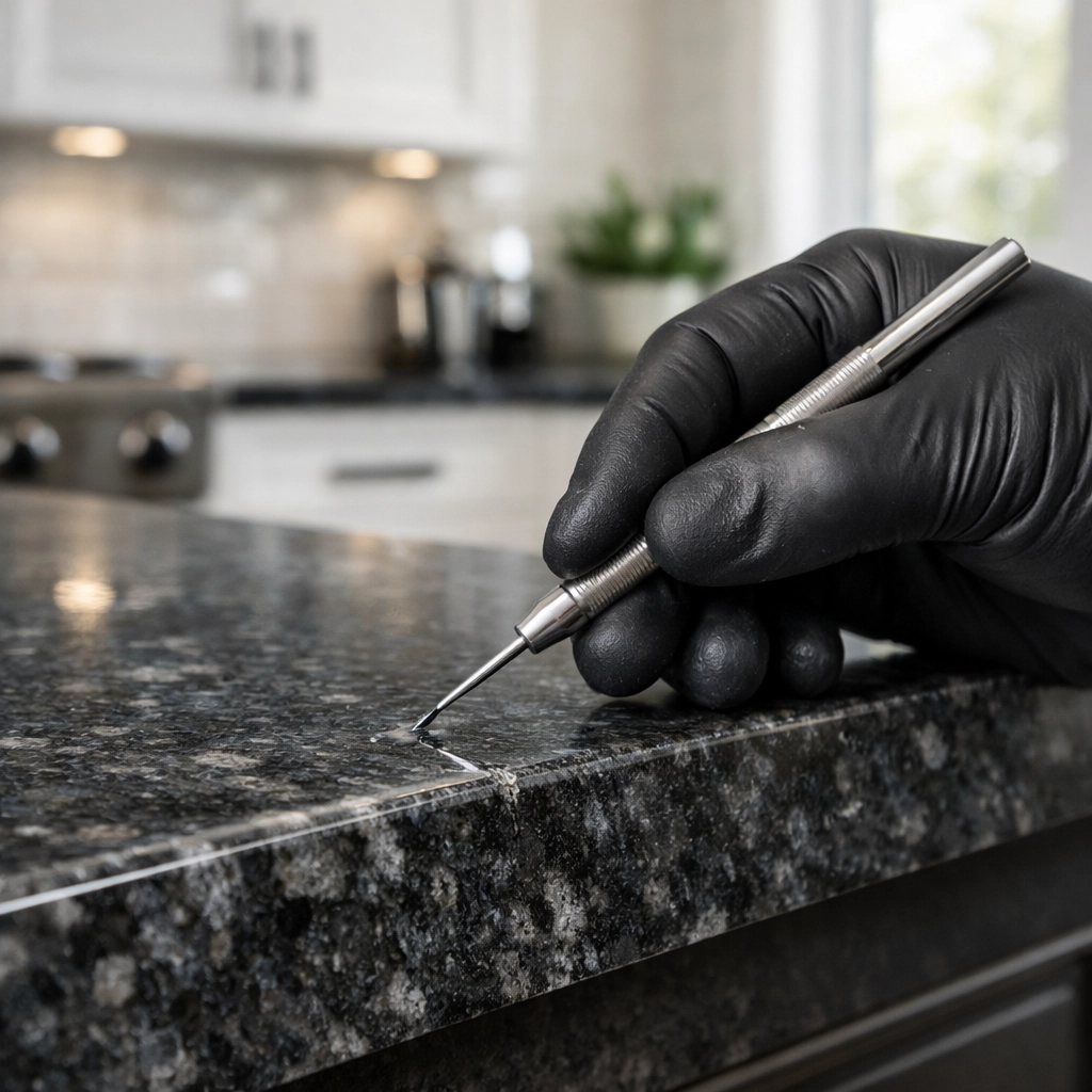 Specialist performing a precision granite repair on a kitchen worktop edge using professional tools.