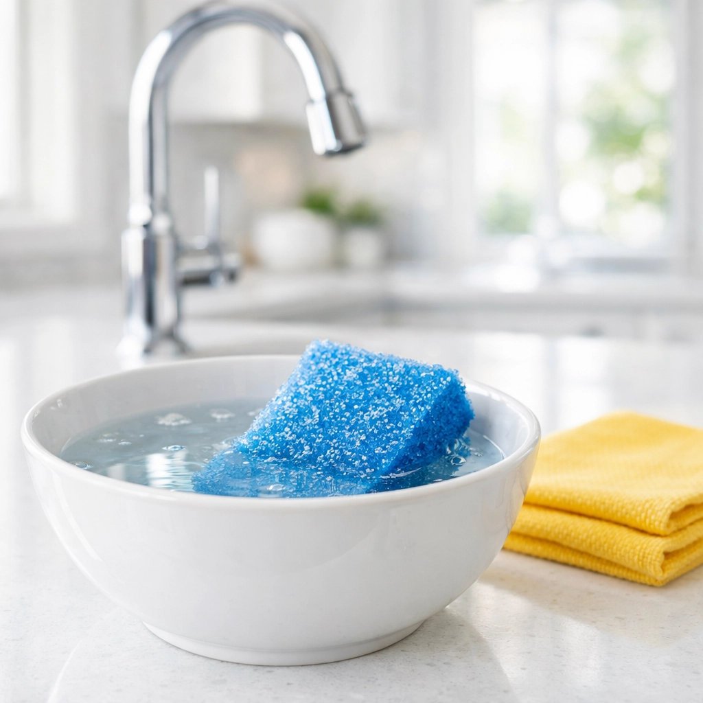 A kitchen sponge soaking in a white bowl on a clean countertop for natural germ-free sanitization.