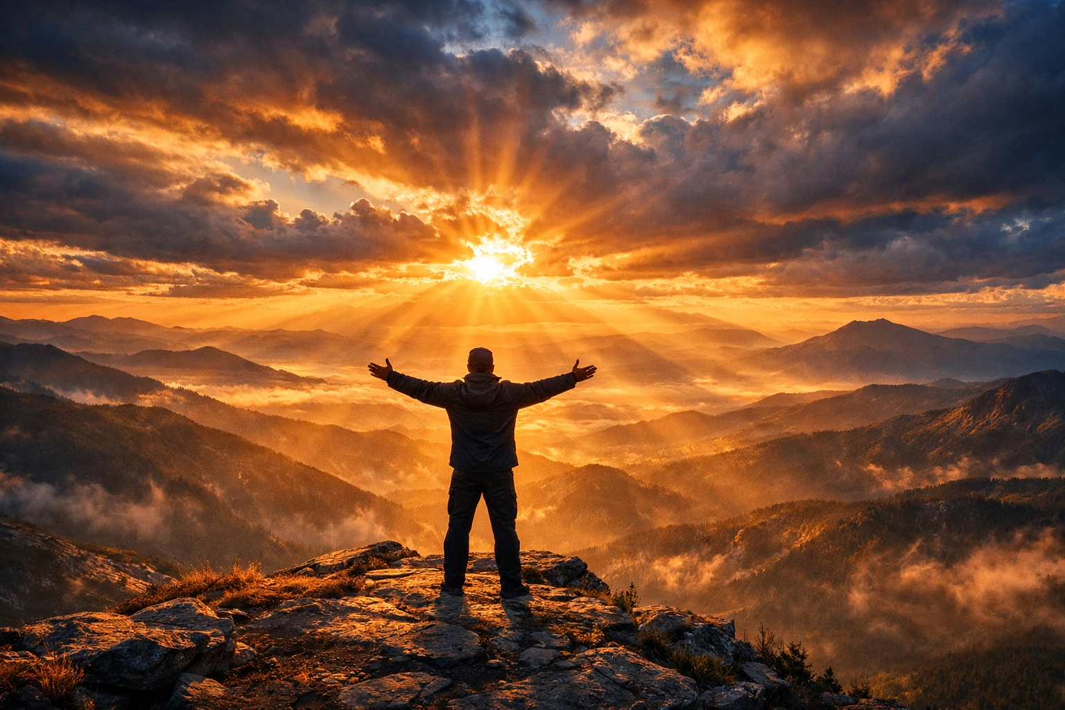 Person standing on mountain at sunrise with arms open wide, experiencing freedom and God's peace
