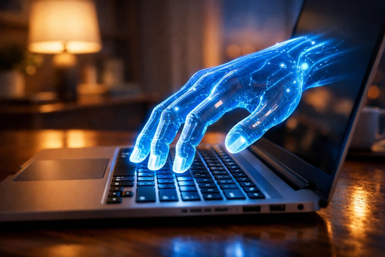 A digital glowing hand over a laptop keyboard symbolizing an AI employee automating computer tasks.