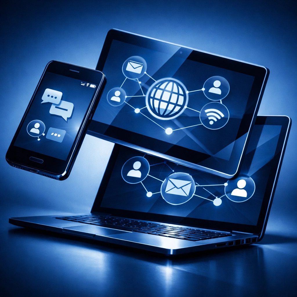 Multiple connected devices showing unified communications platform for business phone and messaging