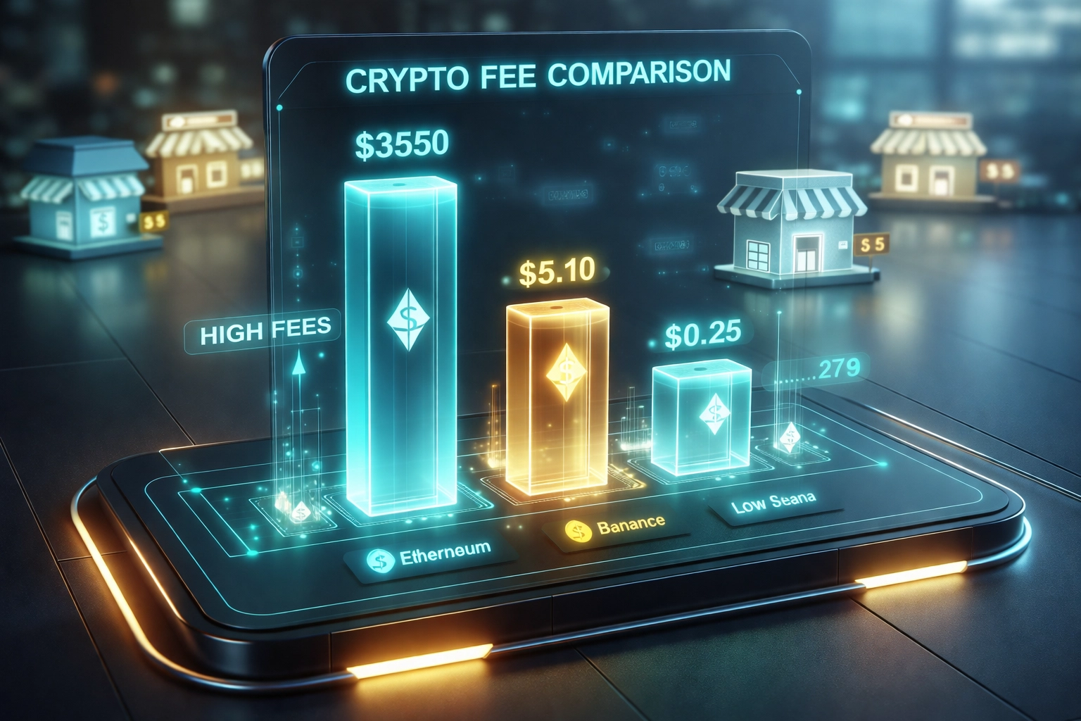 Futuristic dashboard comparing cryptocurrency POS system fees for small businesses, highlighting savings with Larecoin.