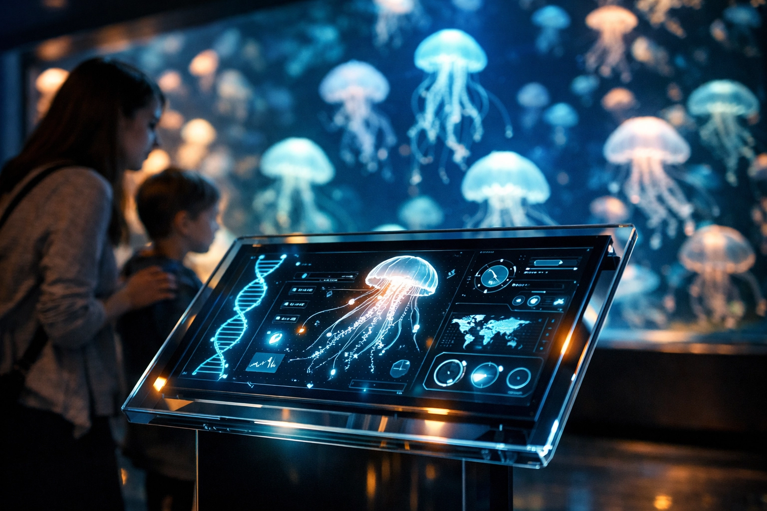 Visitors engage with an interactive glass display in a smart aquarium showing biological data visualizations.