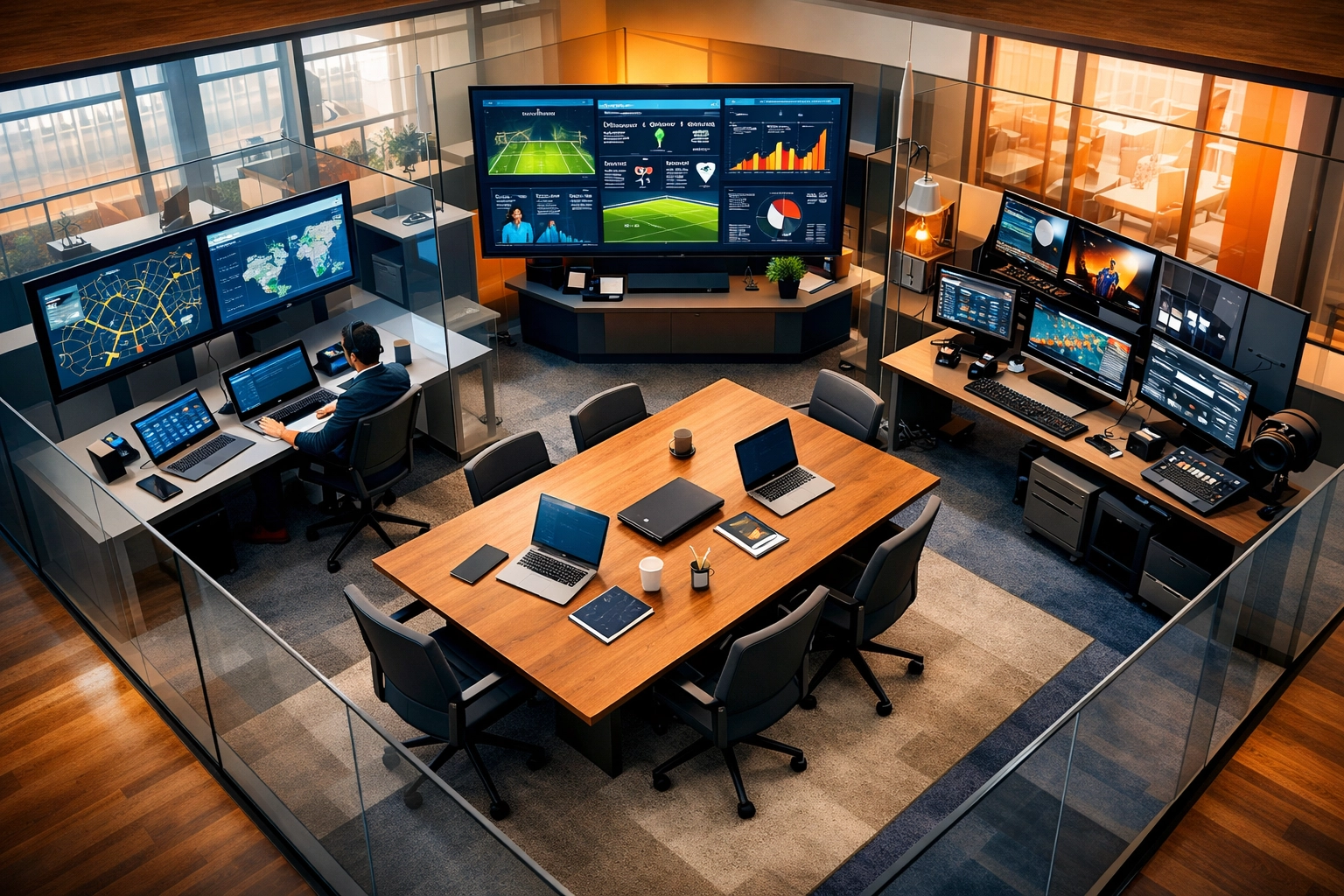 Integrated workspace showing digital media operations across transportation, sports, and entertainment sectors