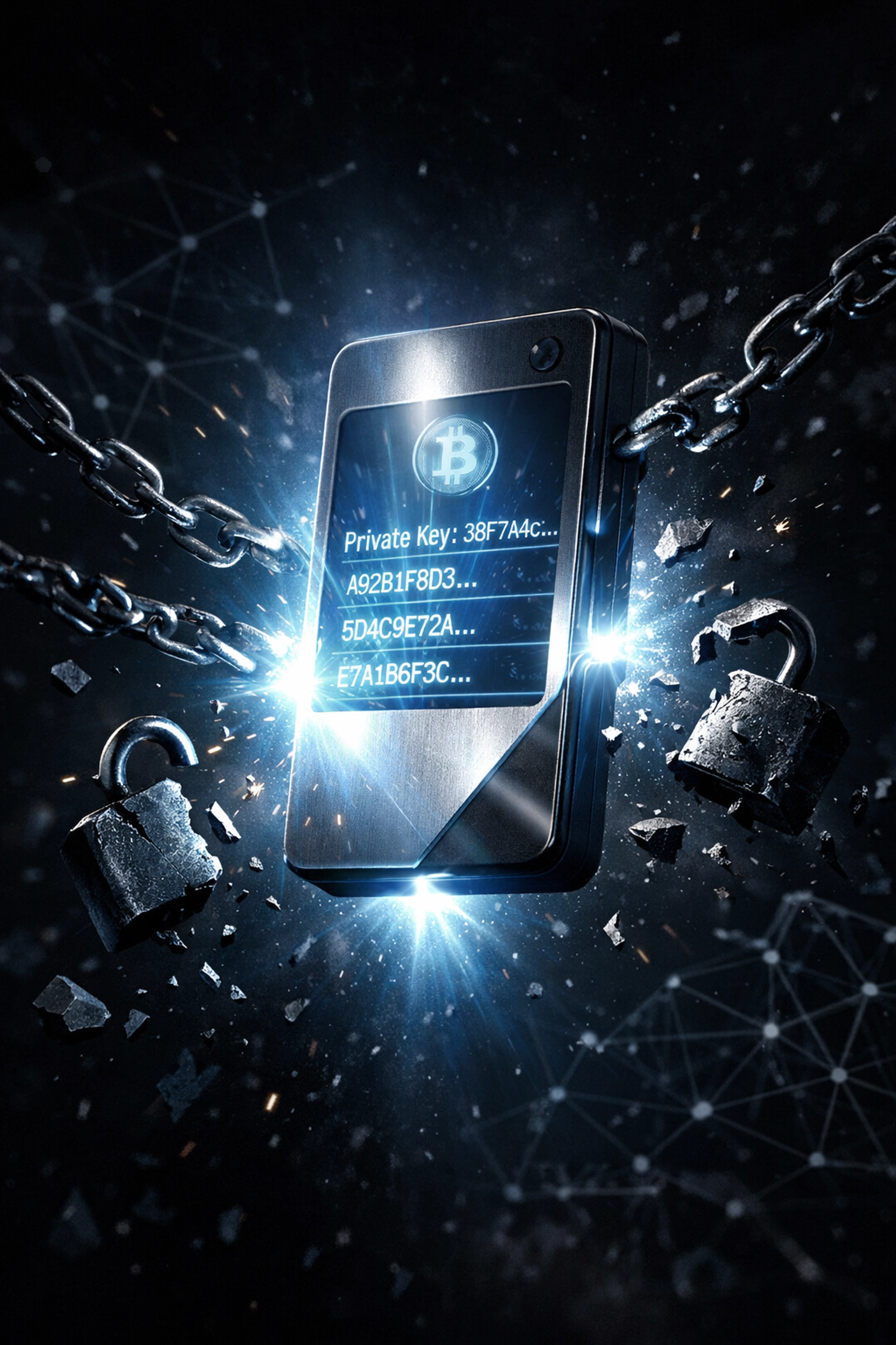 Self-custody crypto wallet breaking free from chains representing financial freedom for merchants