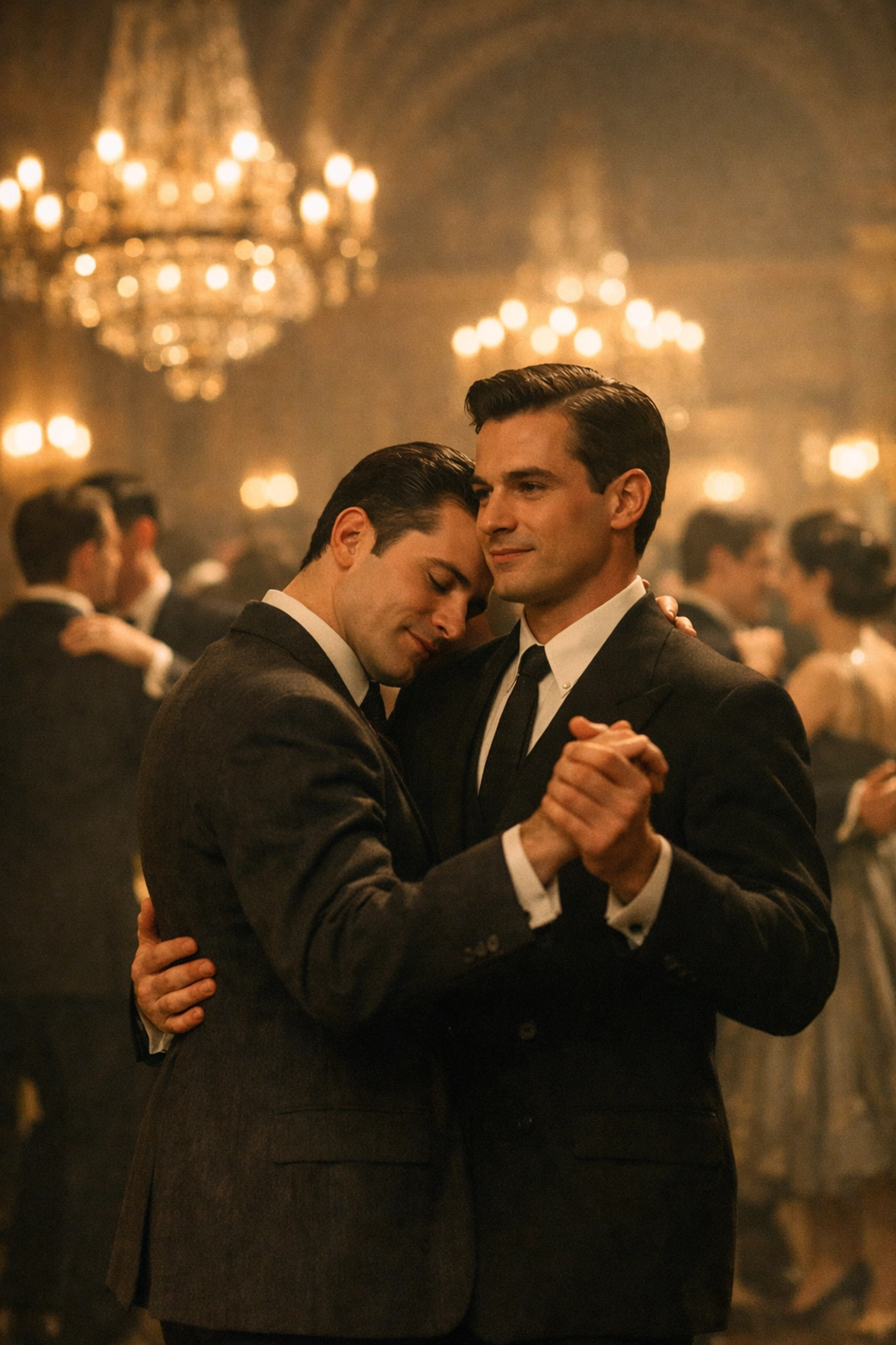 Two men dancing in a 1950s Zurich ballroom, capturing a moment of historical gay romance and freedom.