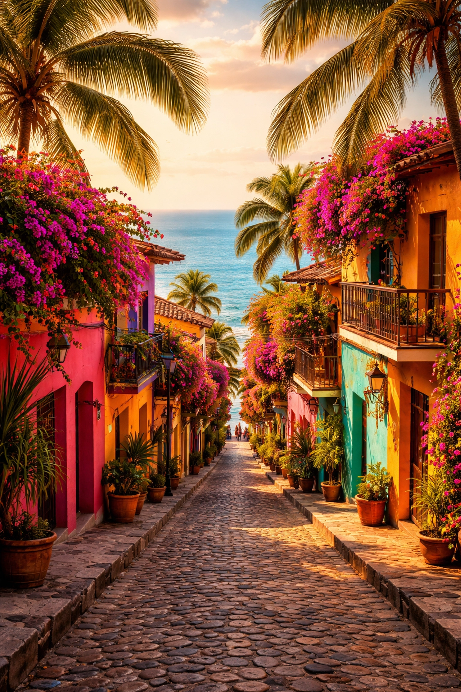 Charming Amapas cobblestone street lined with colorful homes and ocean views in Puerto Vallarta