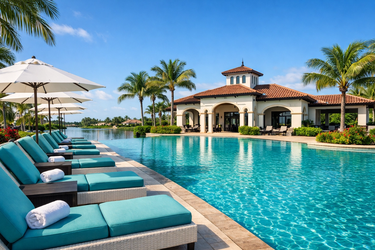 Luxury pool and clubhouse at one of the gated communities in Cape Coral Florida.