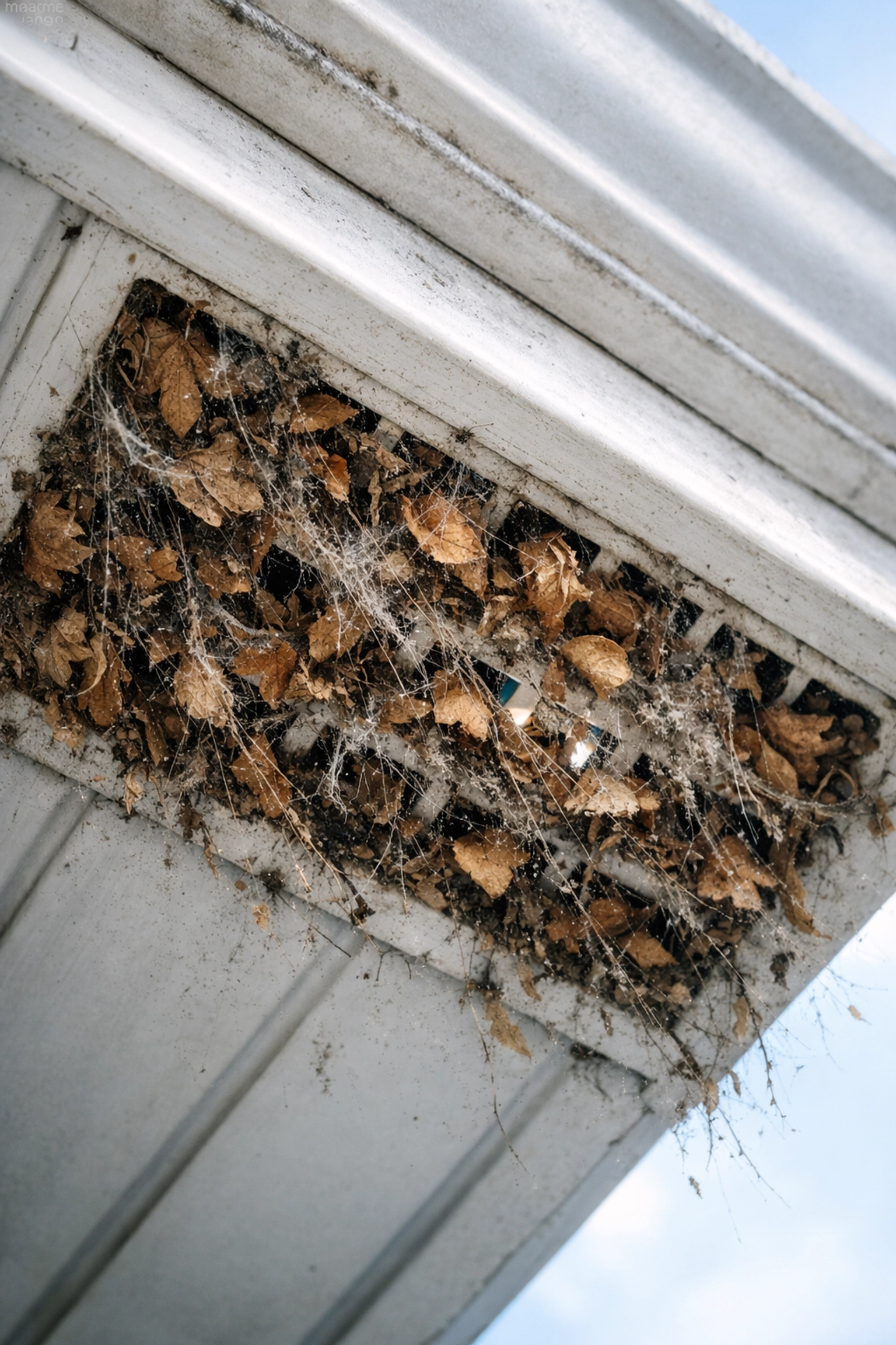 Blocked soffit vent clogged with leaves and debris preventing roof ventilation