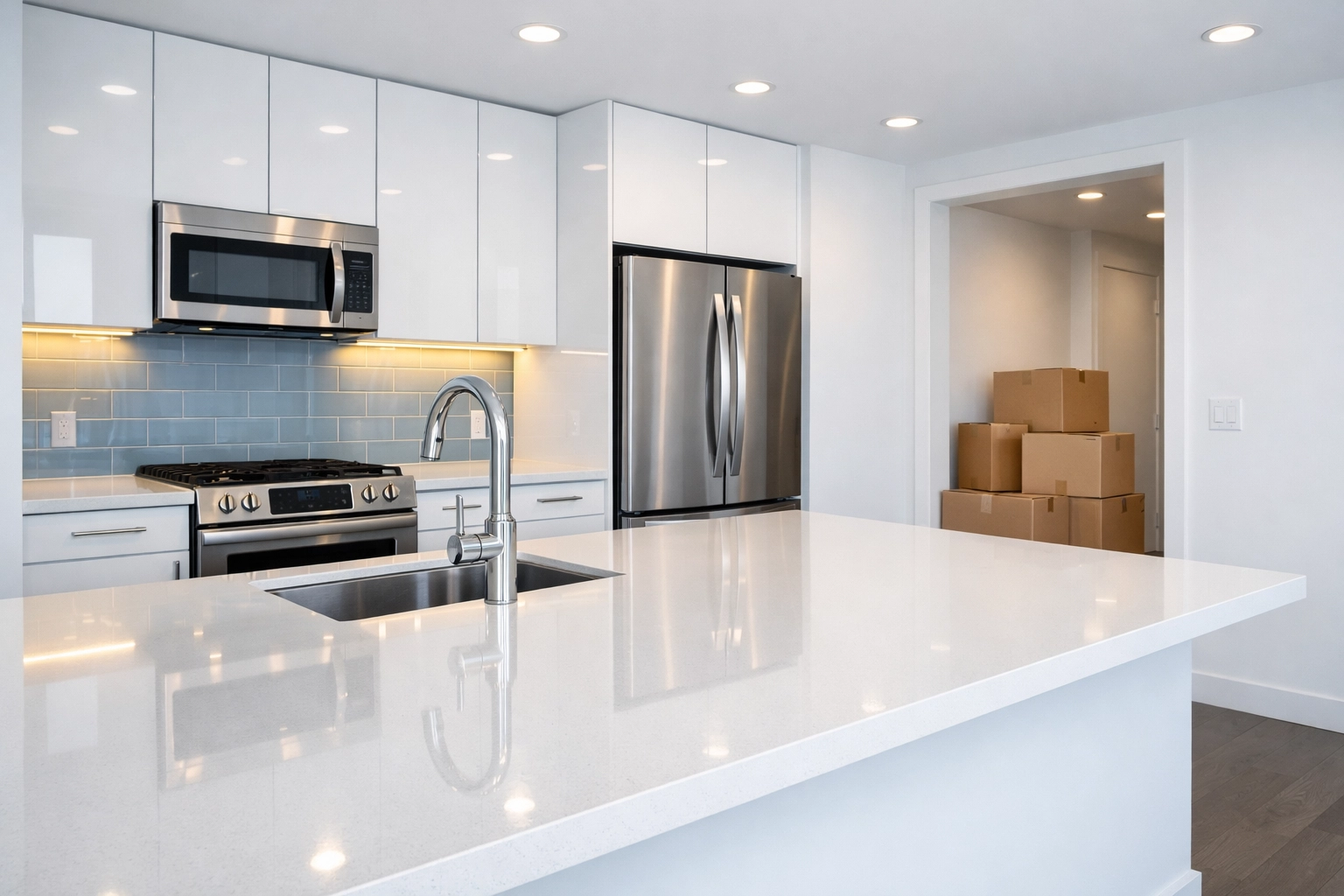 Professional move-out cleaning Cambridge in a modern Kendall Square kitchen with sparkling countertops.