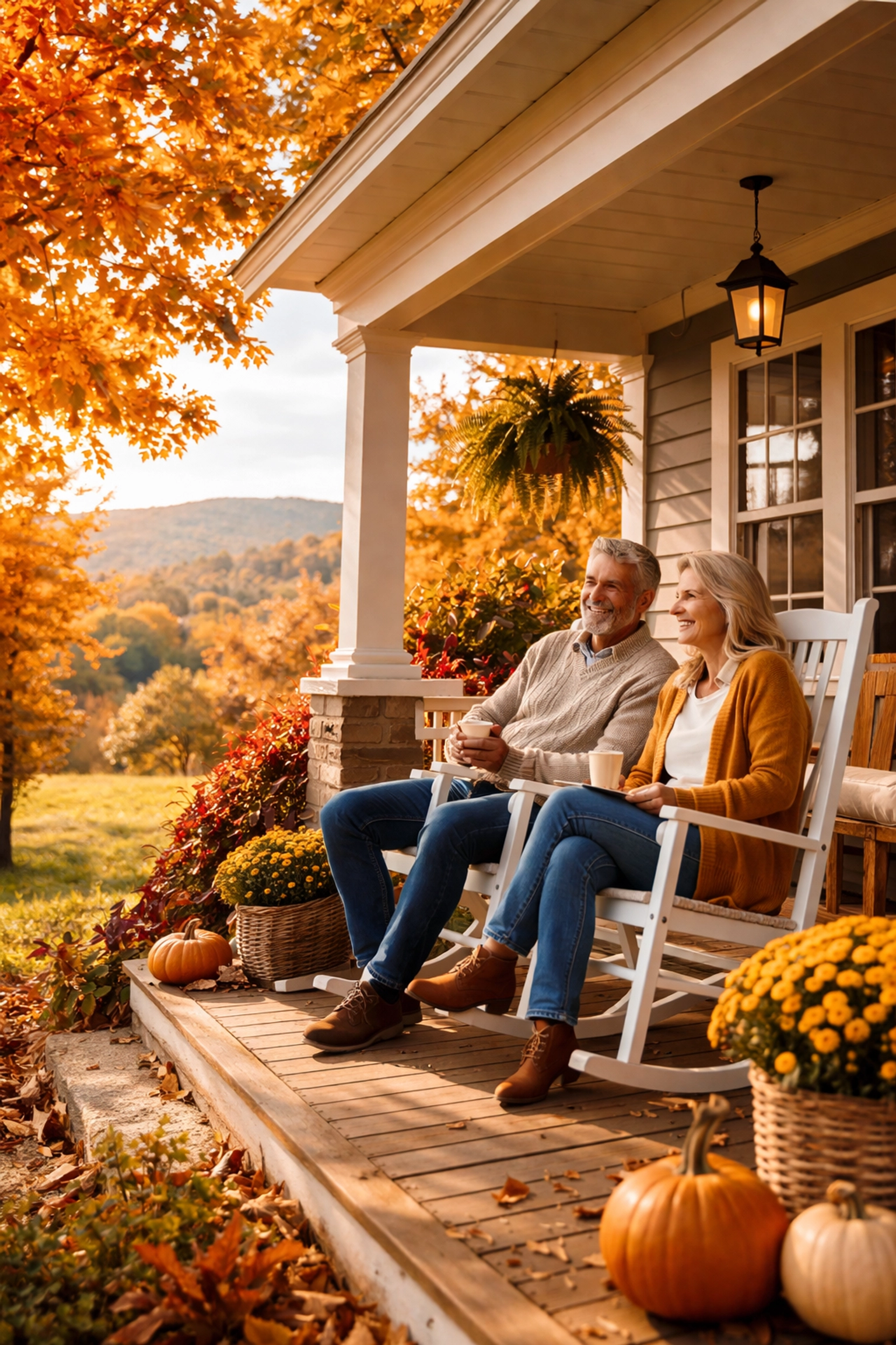 Relaxed couple enjoying a fall morning on a Georgia porch, showing the lifestyle appeal for northeast transplants.
