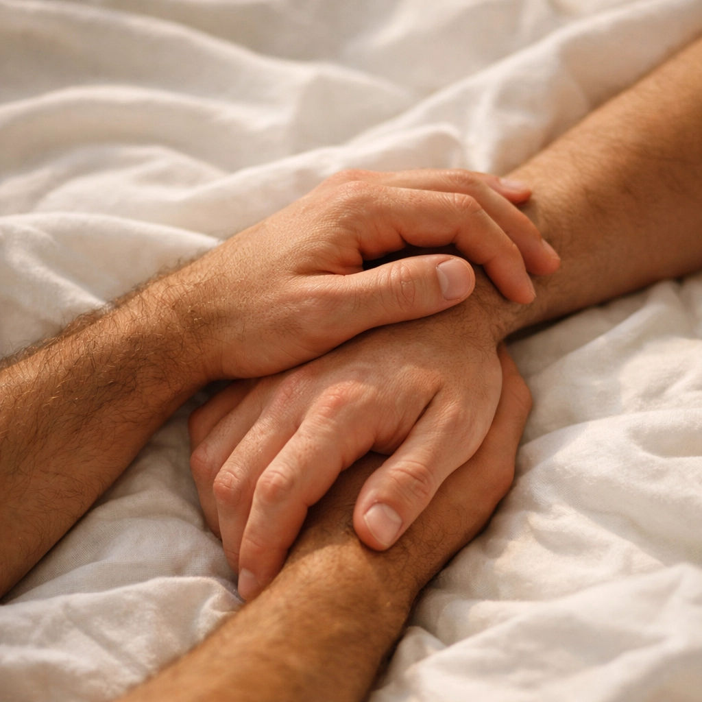 Two men's hands intertwined on bedsheets symbolizing gay intimacy and physical connection