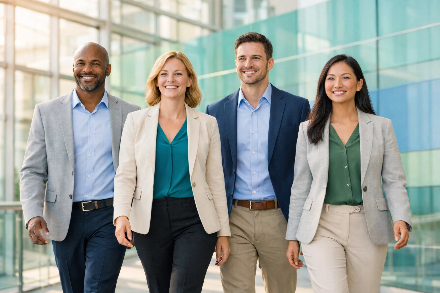 Payments industry professionals representing unified advocacy and leadership in a modern, sunlit business atrium.