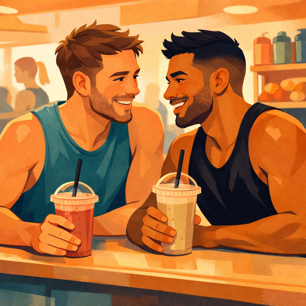 Two gay men connecting over protein smoothies at gym juice bar counter - MM romance conversation