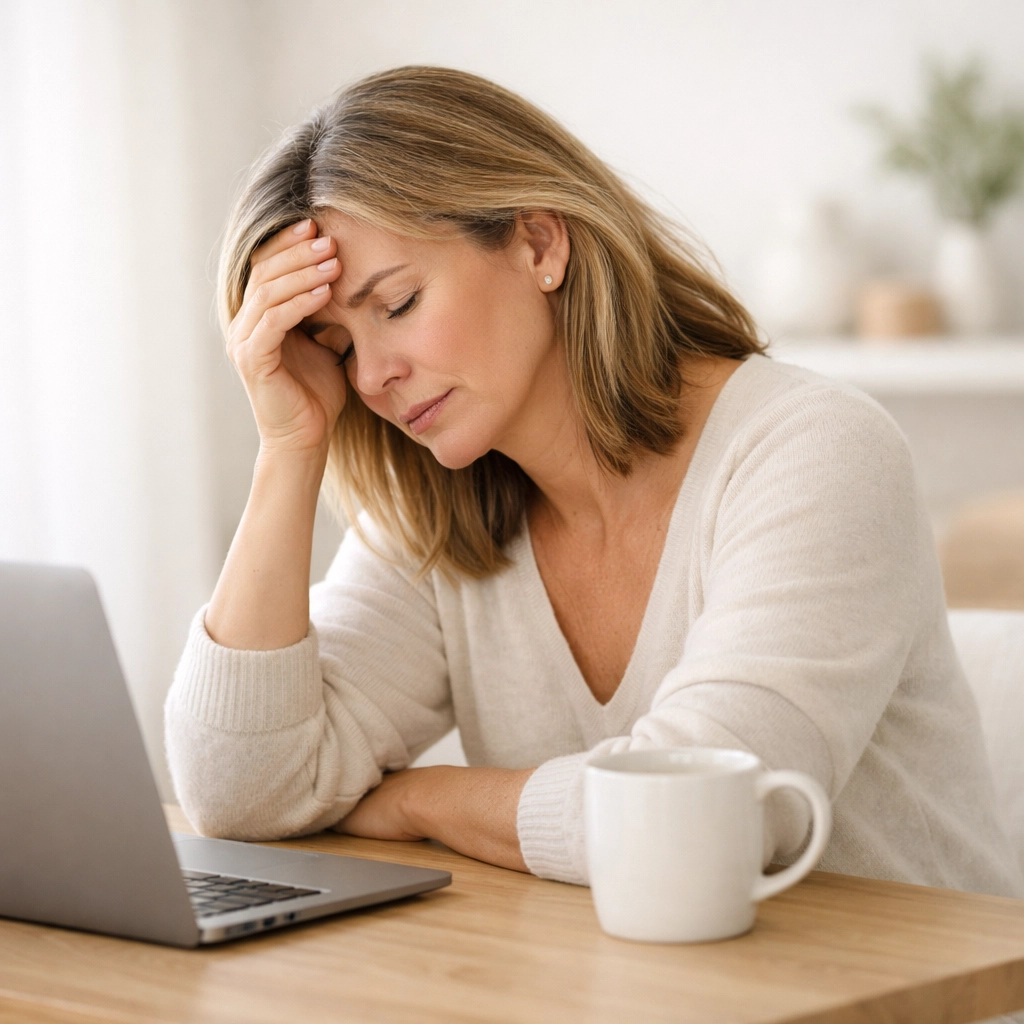 Exhausted professional woman at her desk struggling with perimenopause fatigue and brain fog symptoms.