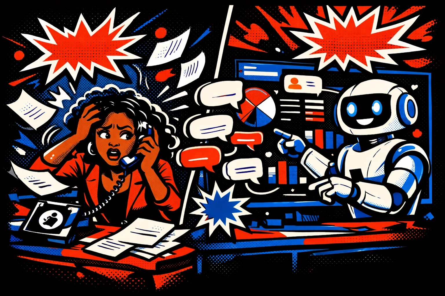 Retro comic-style AI assistant managing medical practice follow-ups while receptionist handles patients.