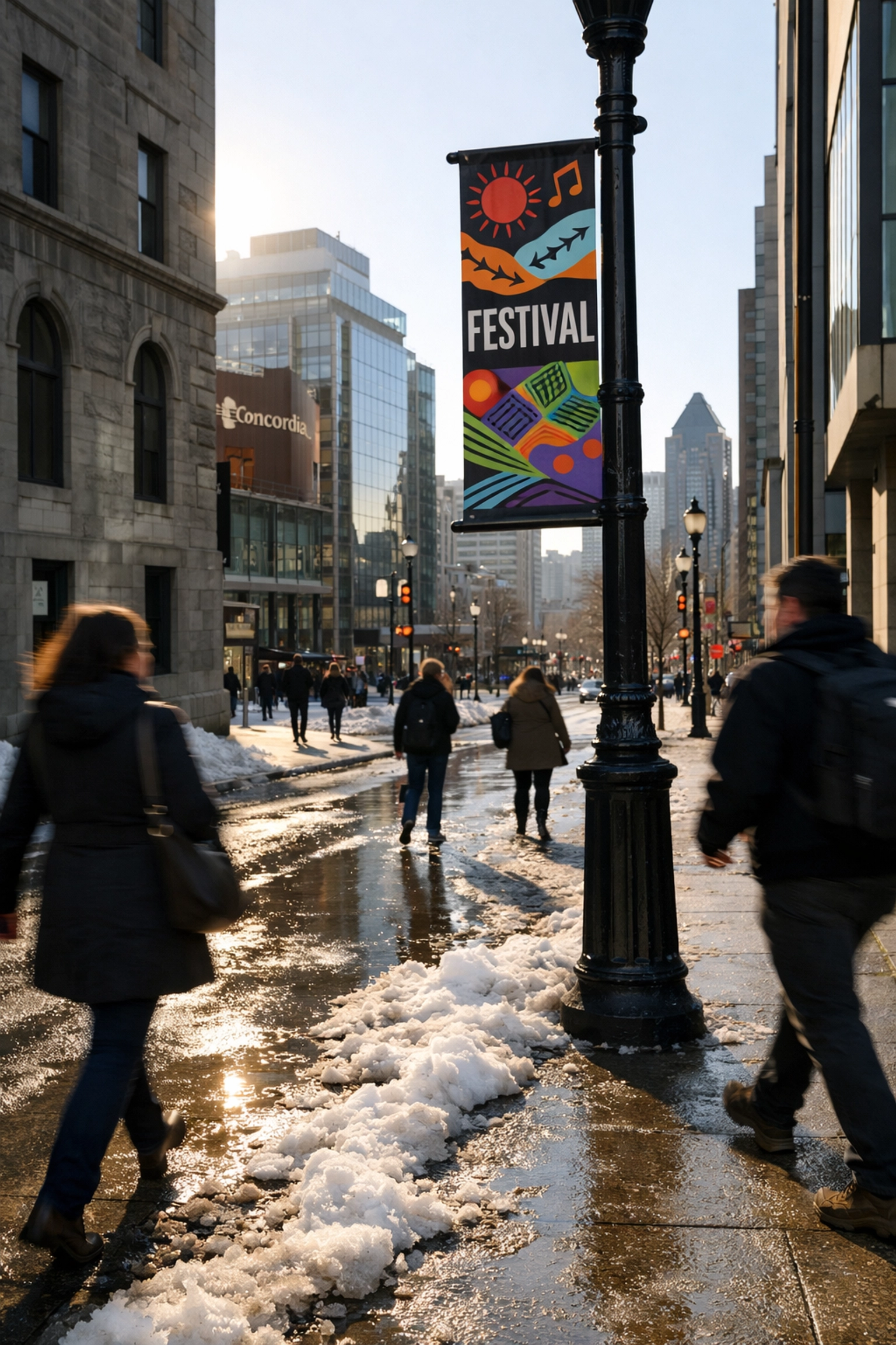 FIFA festival banner on a downtown Montreal street near Concordia University in early spring.