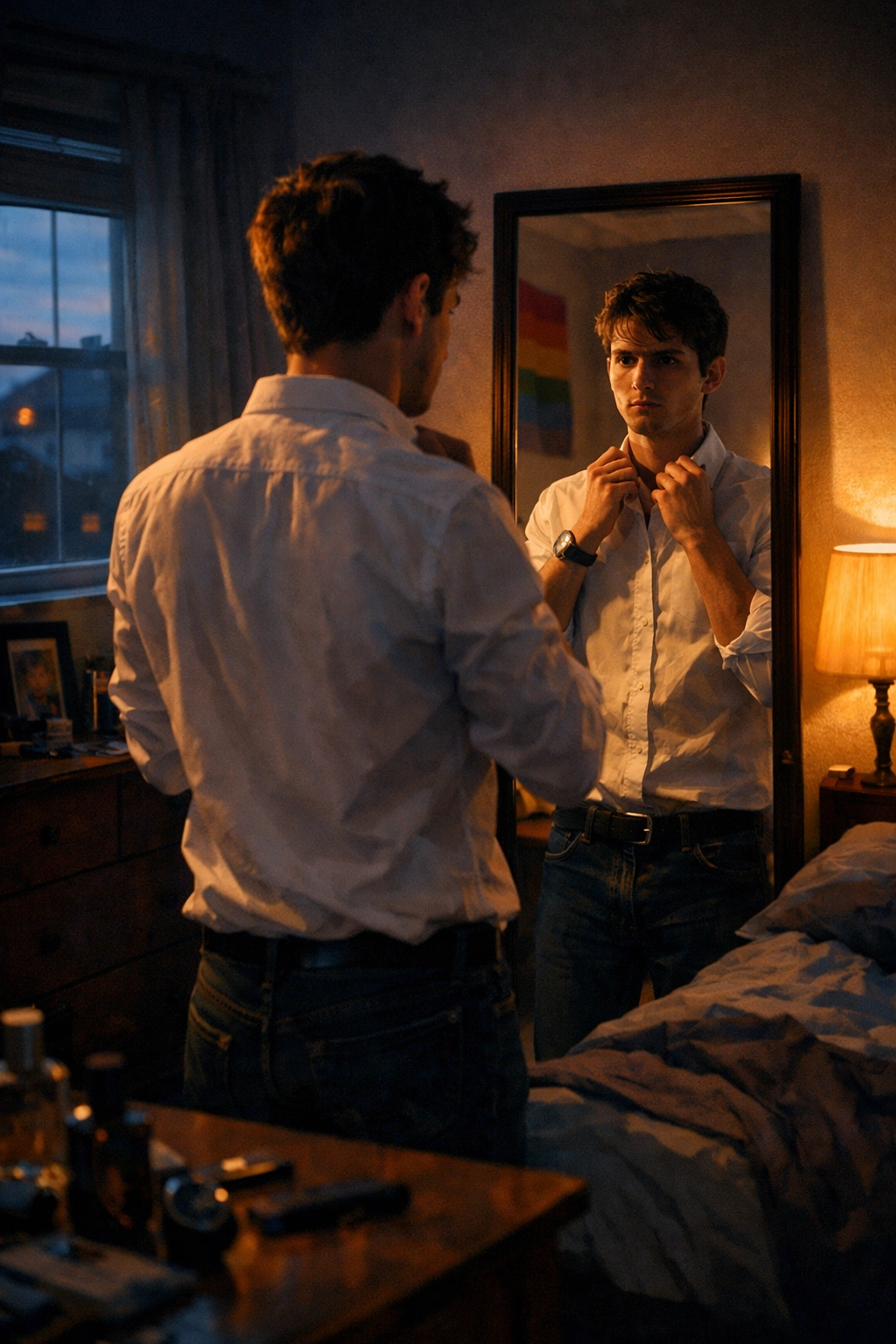 Man preparing nervously for gay second date reflecting on courage and authenticity