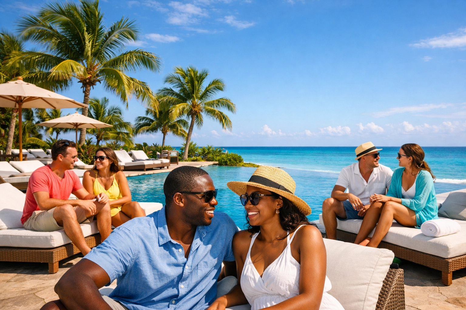 Couples relaxing poolside at adults-only lifestyle resort in tropical setting