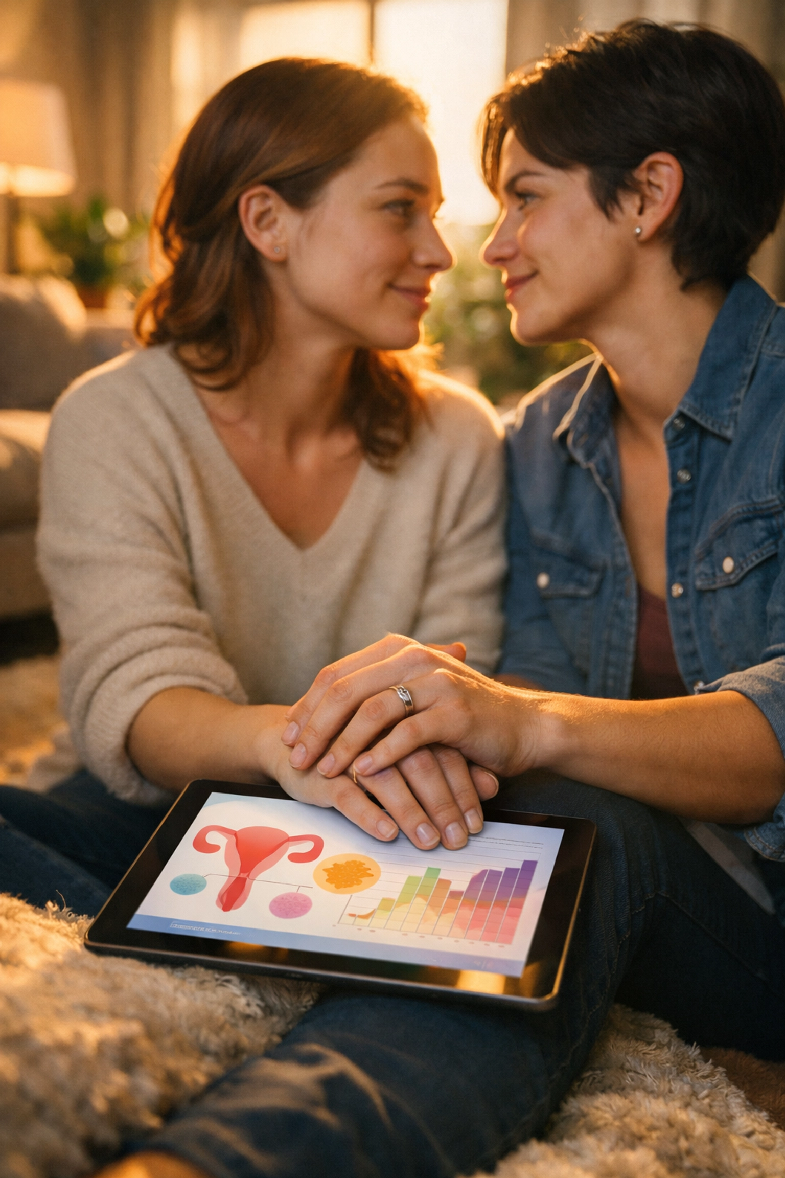 A lesbian couple holding hands while reviewing fertility treatment plans on a tablet in a sunlit home.