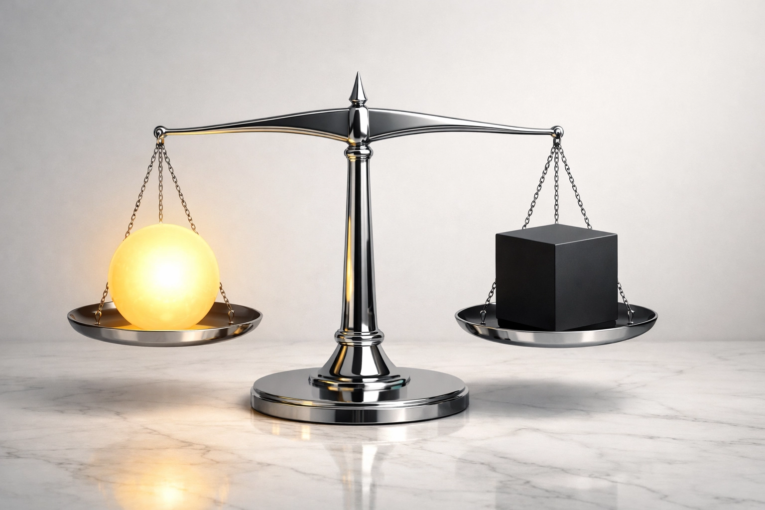 A balanced scale weighing light and dark objects, symbolizing the intersection of security and moral restraint.