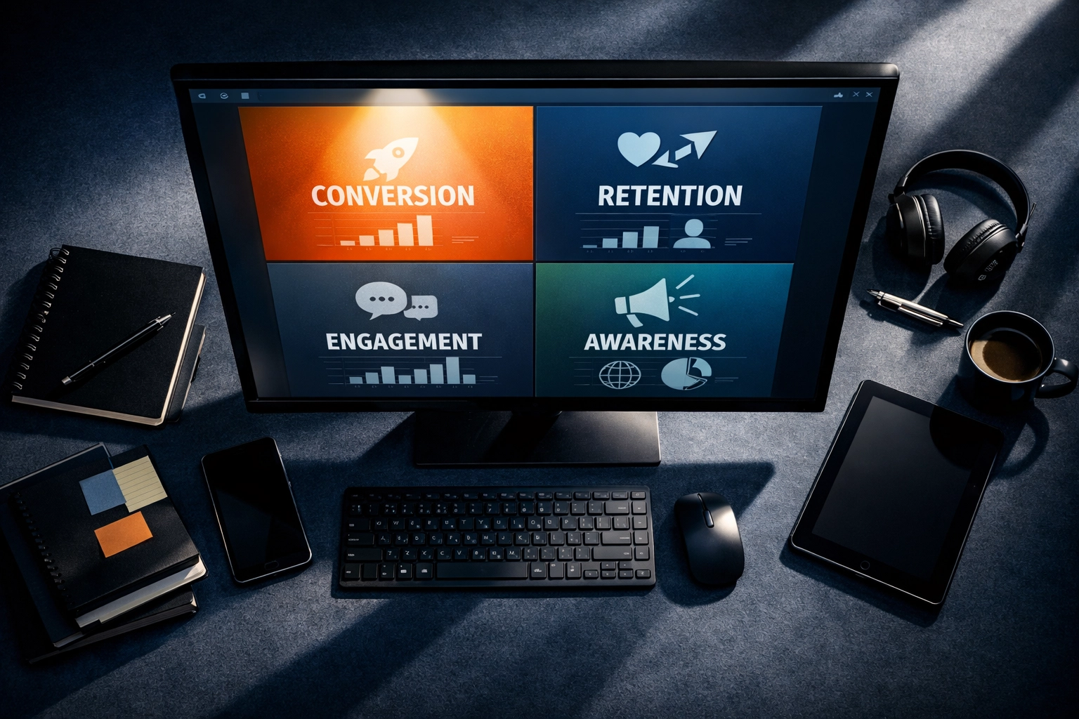 Video marketing dashboard prioritizing conversion metrics over engagement and awareness data