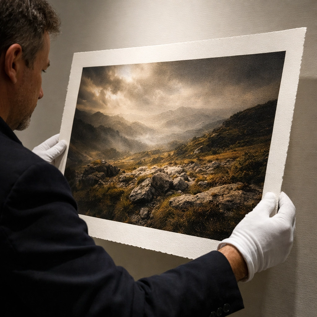 A curator inspecting a museum quality archival print in a Miami gallery, highlighting fine art photography paper texture.