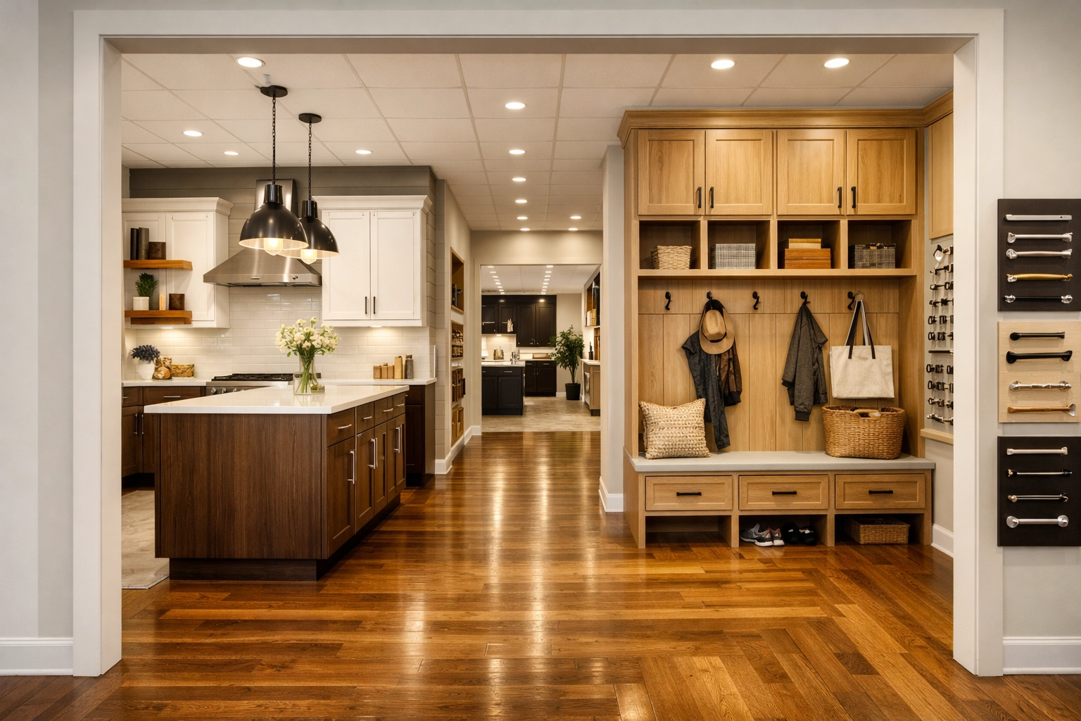 Interior of a local cabinet maker showroom in Minnesota showcasing custom cabinets and hardware.