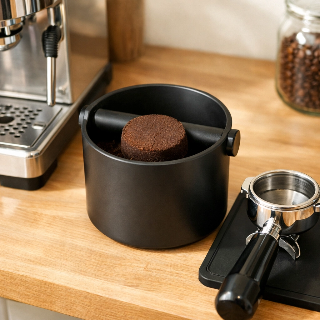 A modern coffee knock box with a solid espresso puck and portafilter on a tidy counter.