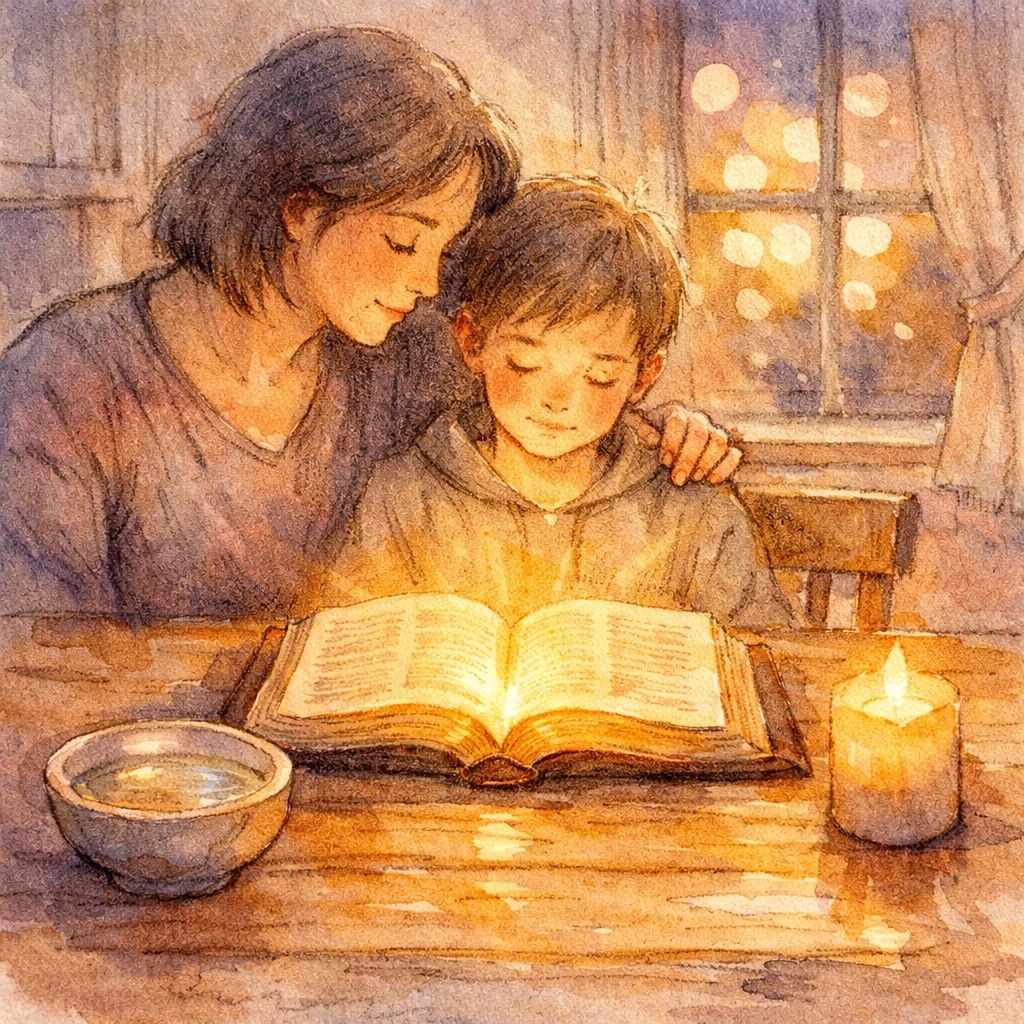Parent and child doing Bible study together at table with open Bible and candle