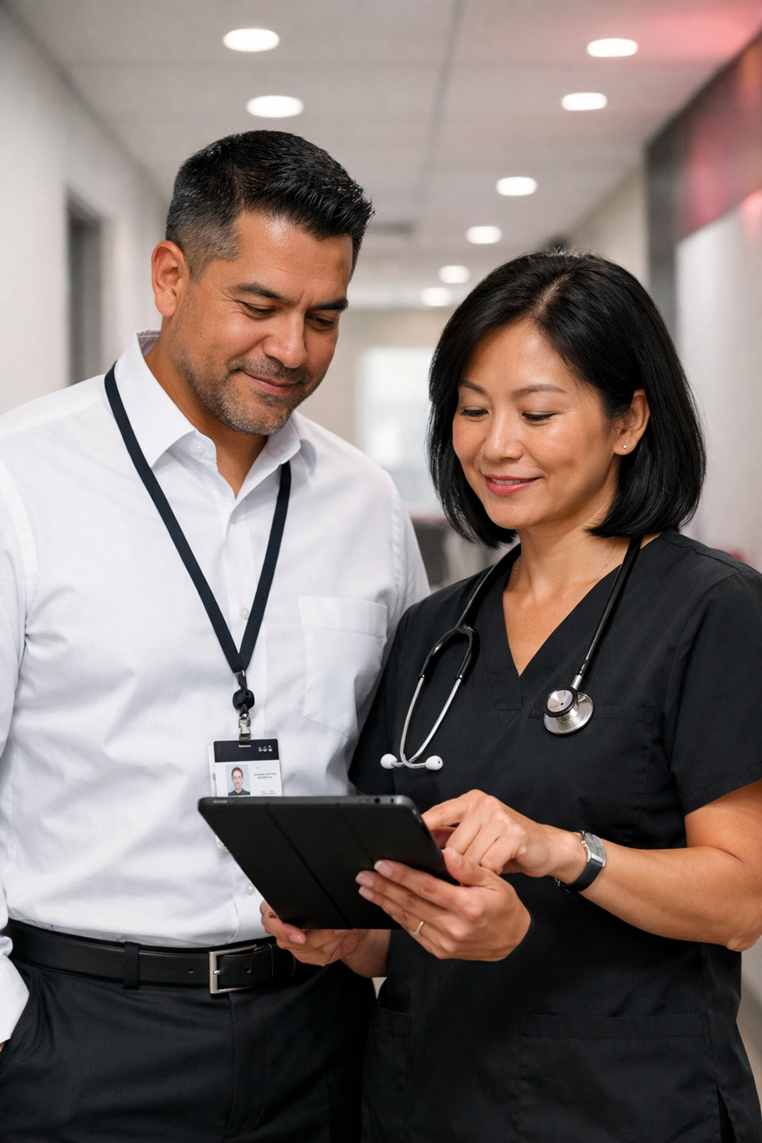 A Nursing Home Administrator and DON reviewing MDS documentation together in a facility hallway.