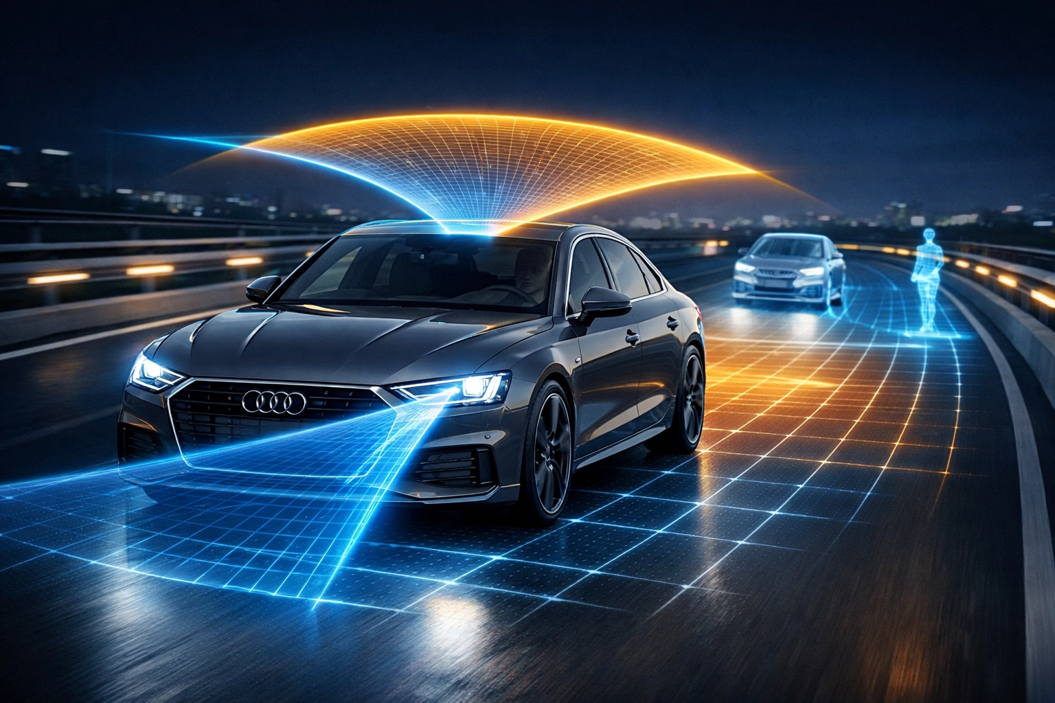 Audi sedan using ADAS sensors to scan the road for obstacles with precise digital safety technology.