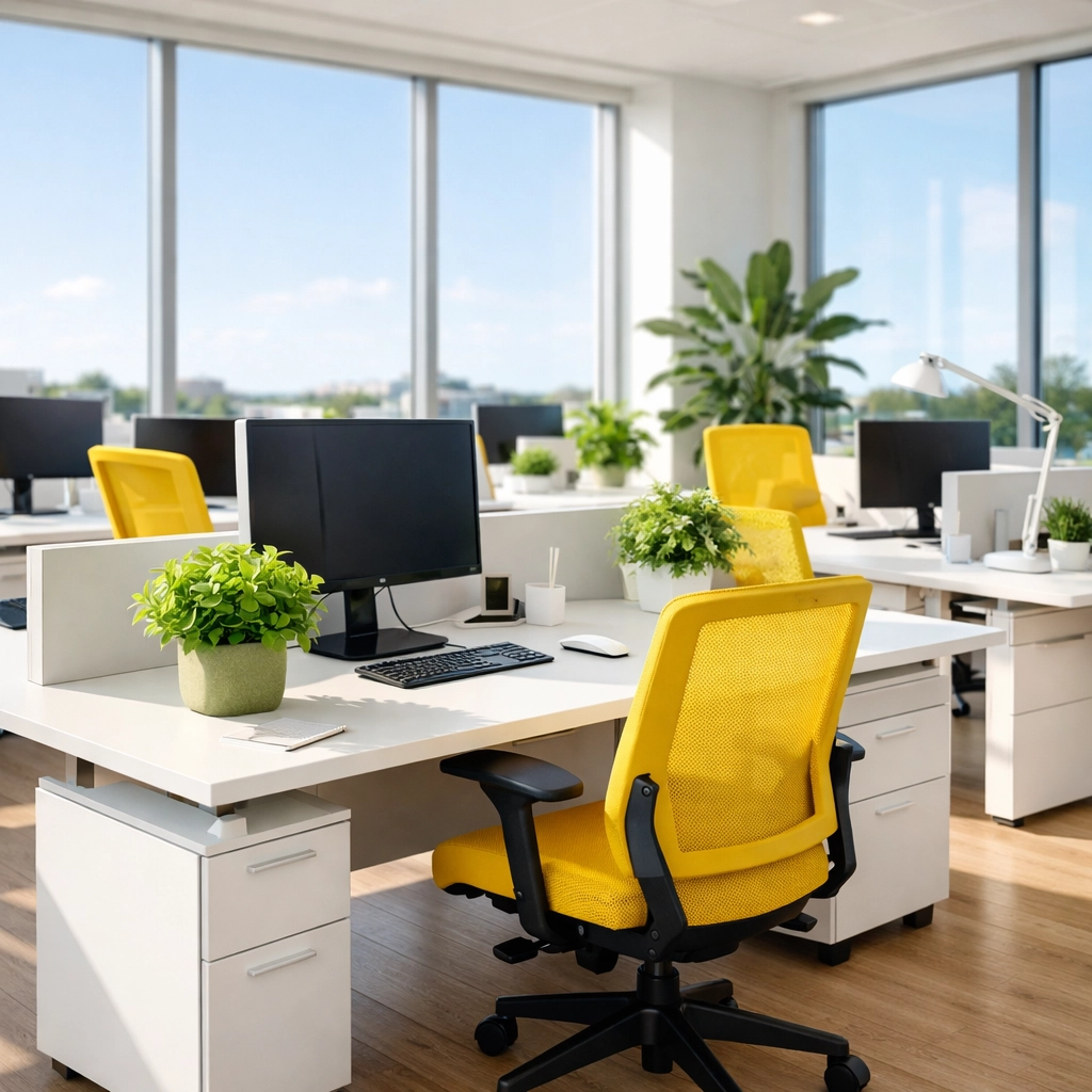Sun-drenched, clean open-plan office in Agawam, MA, highlighting professional office cleaning benefits.