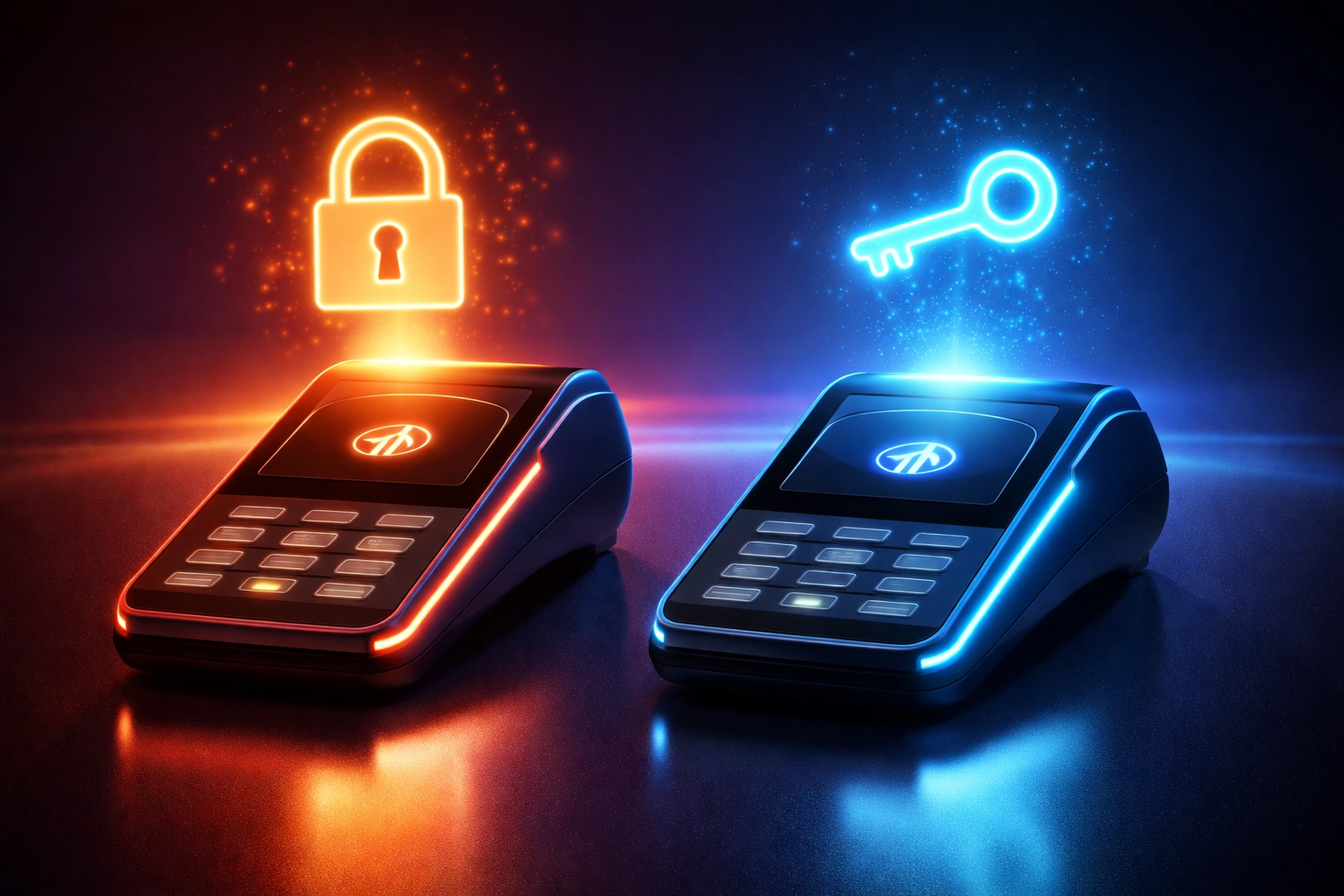 Two digital payment terminals illustrate the difference between custodial and self-custody Web3 crypto payment solutions.