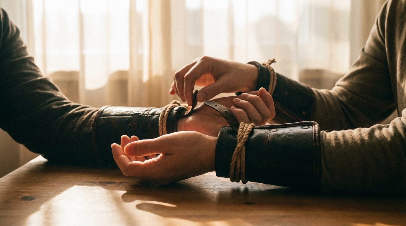 Bound wrists in leather cuffs with candlelight for BDSM bondage endurance play
