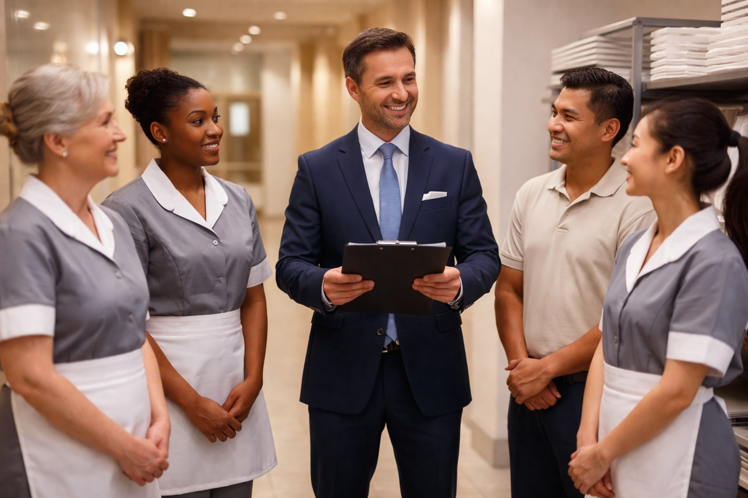 Diverse housekeeping staff meeting with manager, showcasing teamwork and hotel housekeeping staffing professionalism.