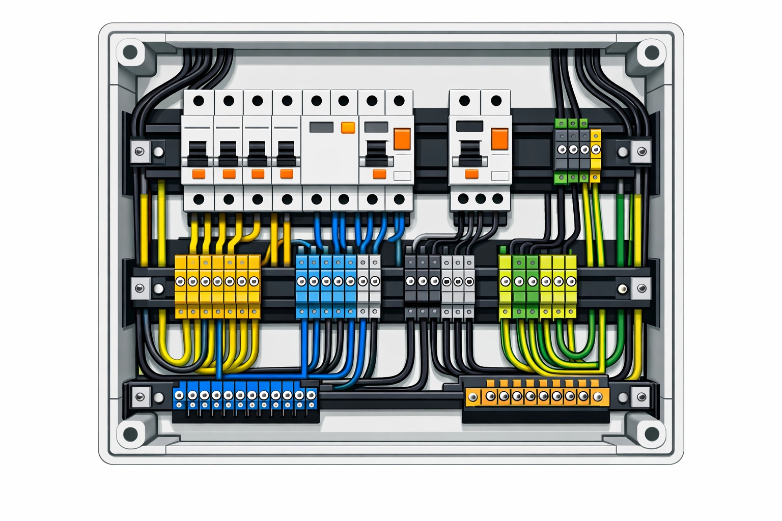 Geöffneter Verteilerkasten mit ordentlicher Verdrahtung für E-Befund und Sicherheit in Wien.