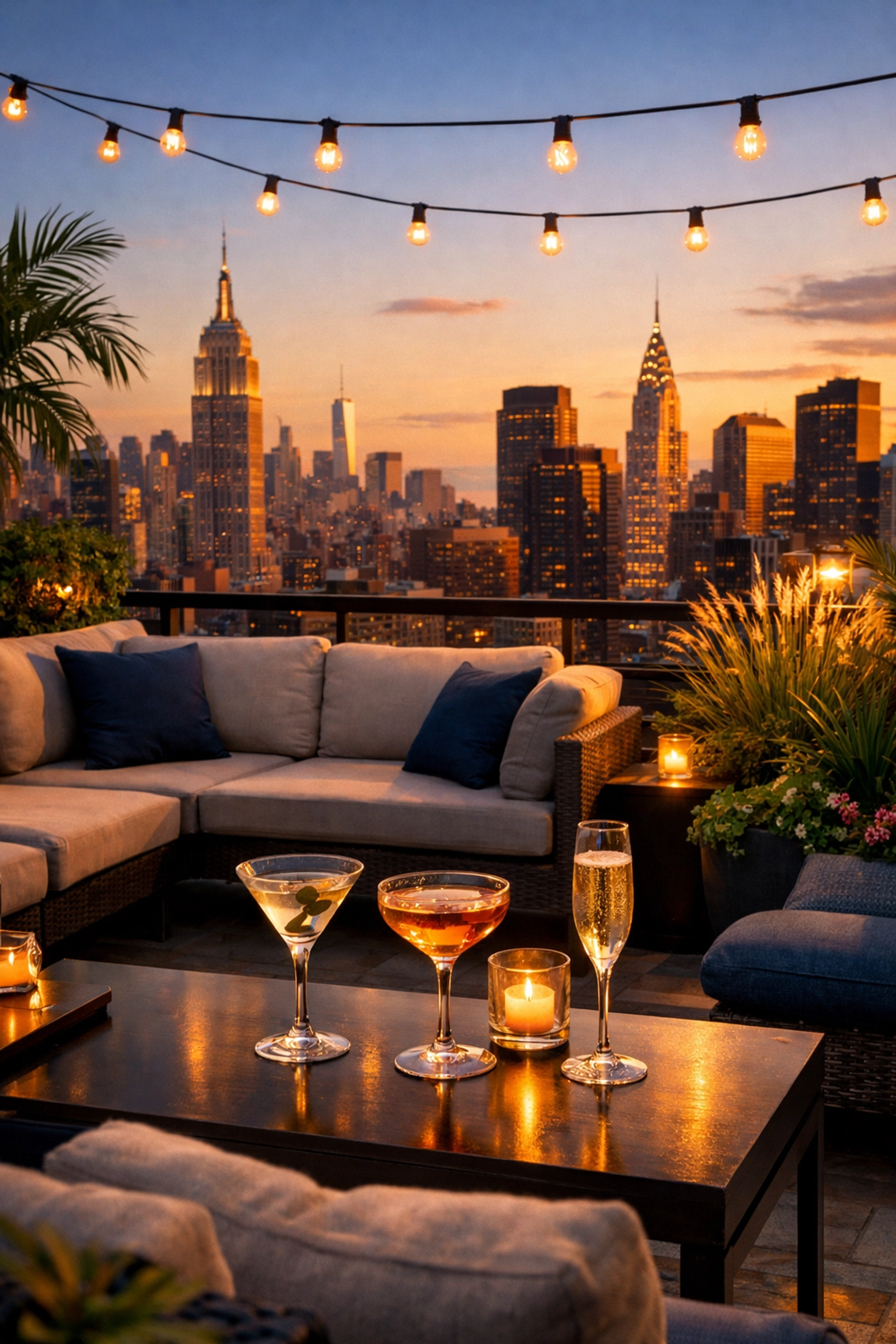 NYC hotel rooftop terrace with skyline views at sunset