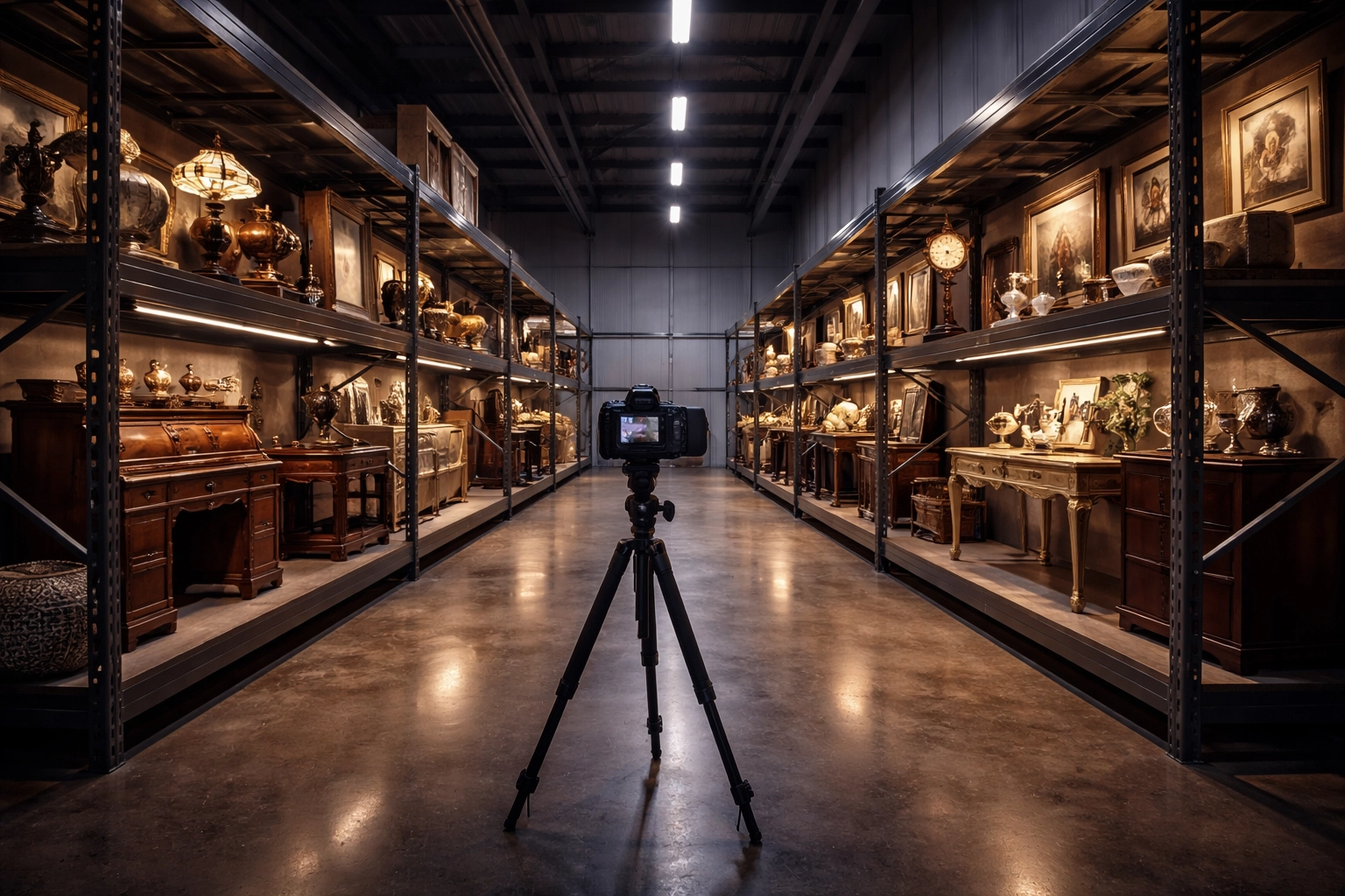 Professional warehouse in Columbus showcasing estate auction items under warm lighting for online bidders