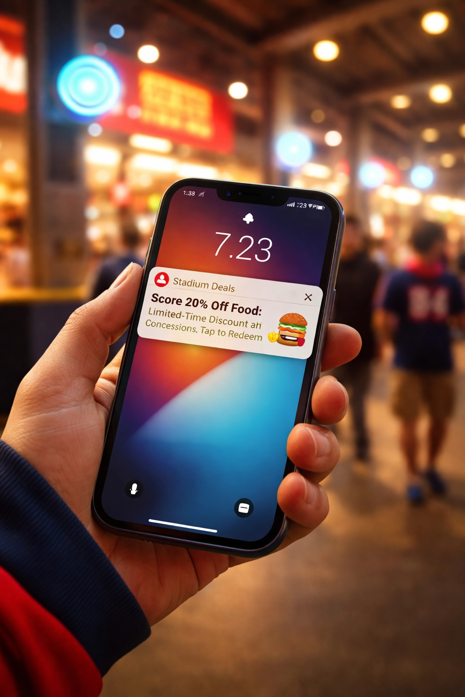 Fan holding smartphone with stadium food discount alert, enhancing concessions through beacon technology