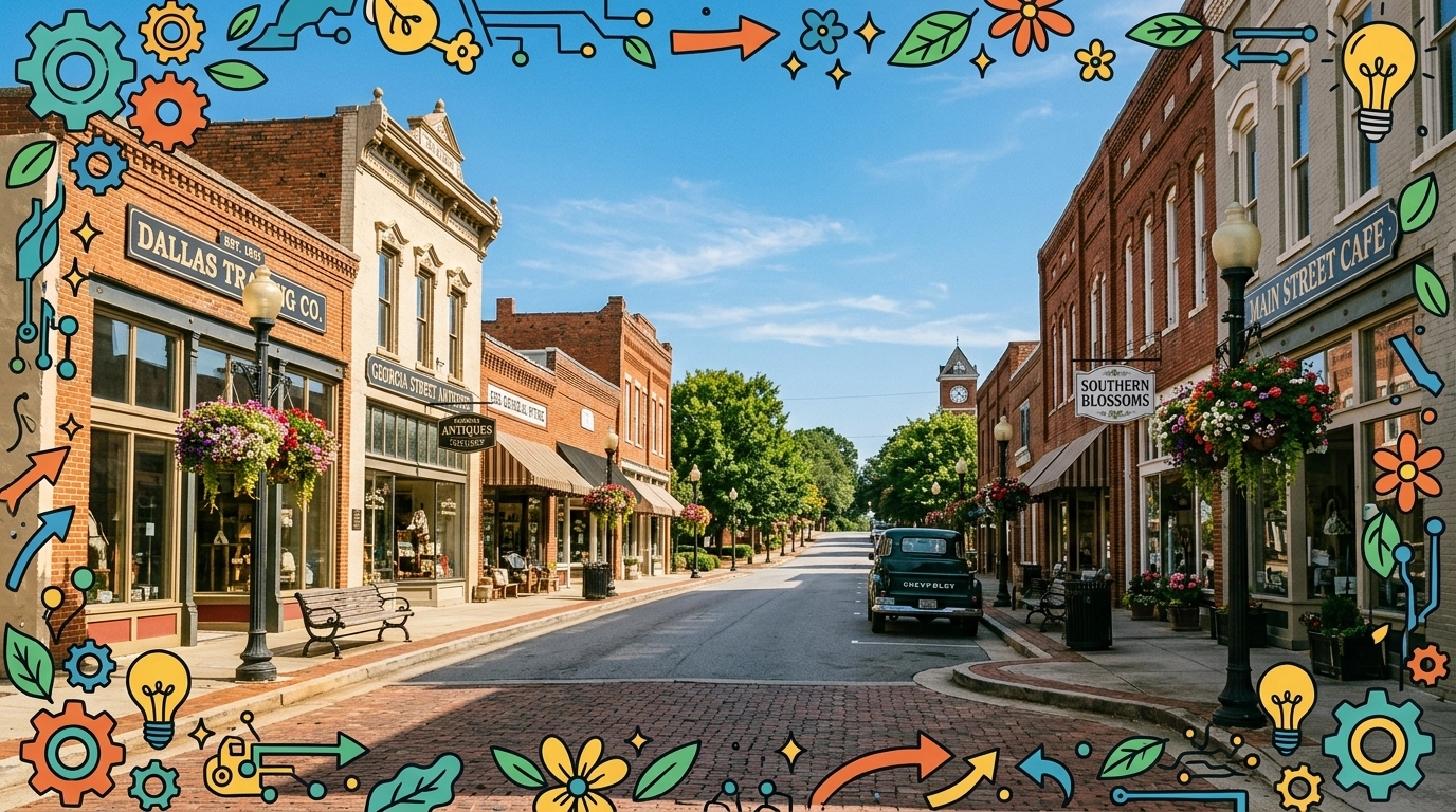A cinematic photo of the historic downtown area of Dallas, Georgia, with traditional brick buildings and charming local shops under a bright blue sky. A cinematic photo of the historic downtown area of Dallas, Georgia, with traditional brick buildings and charming local shops under a bright blue sky.