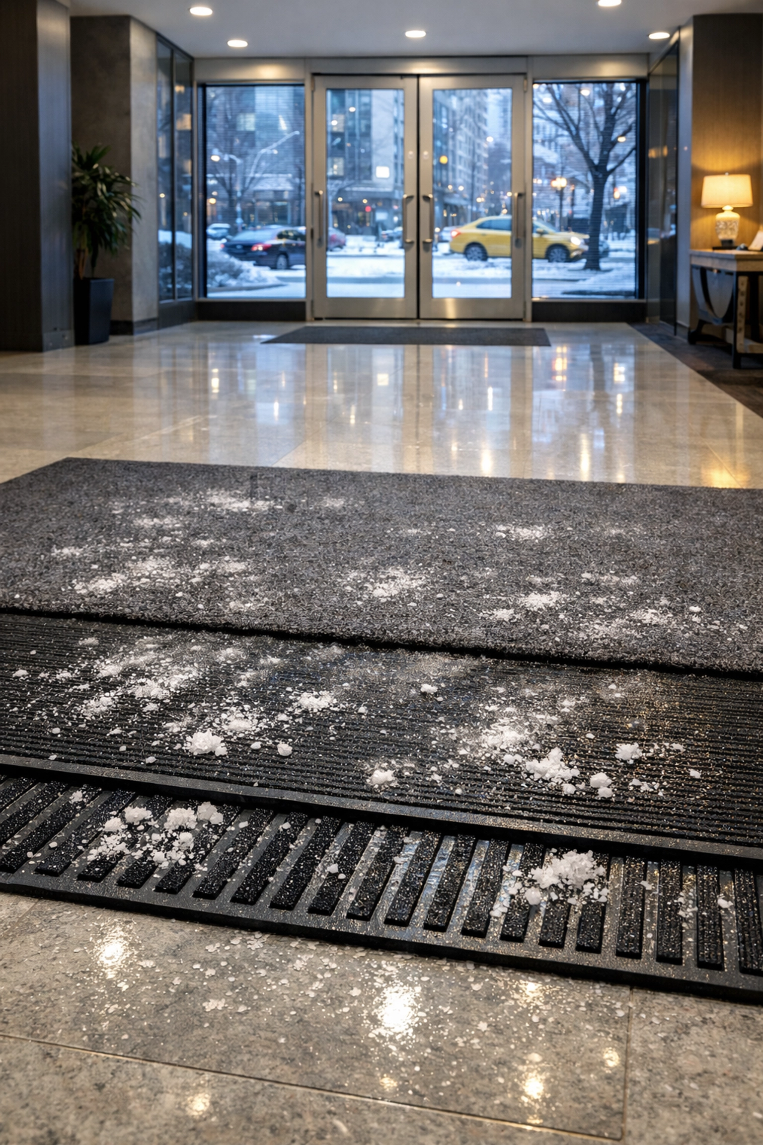 Commercial-grade entrance mat system trapping winter salt in Chicago apartment lobby