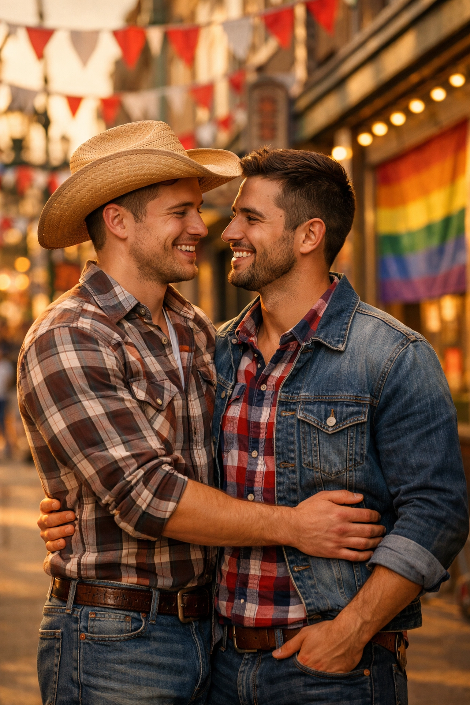 Gay couple embracing during Calgary Stampede with pride flag in background