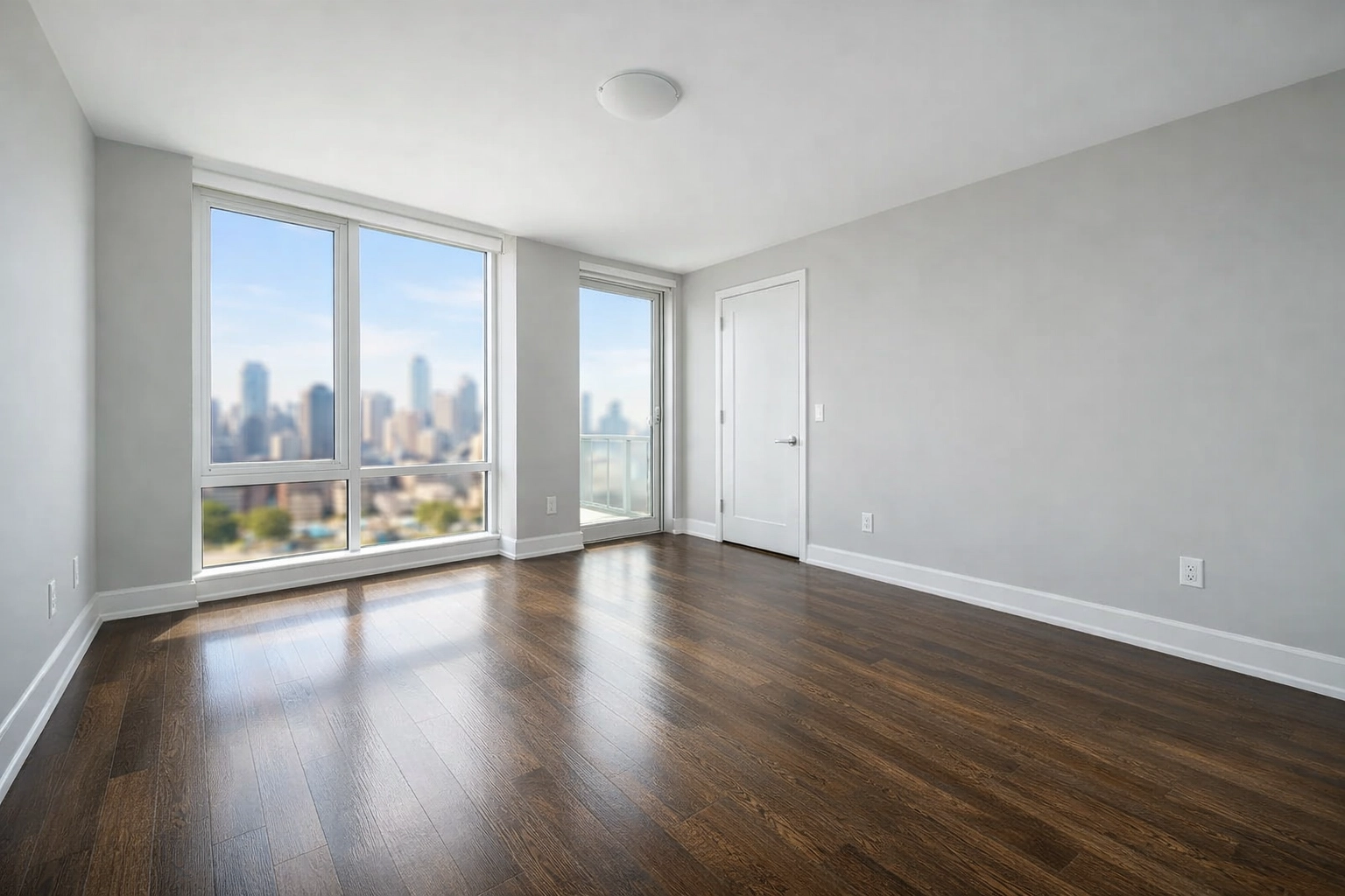 Show-ready apartment bedroom with clean floors and city views after a professional turnover cleaning.